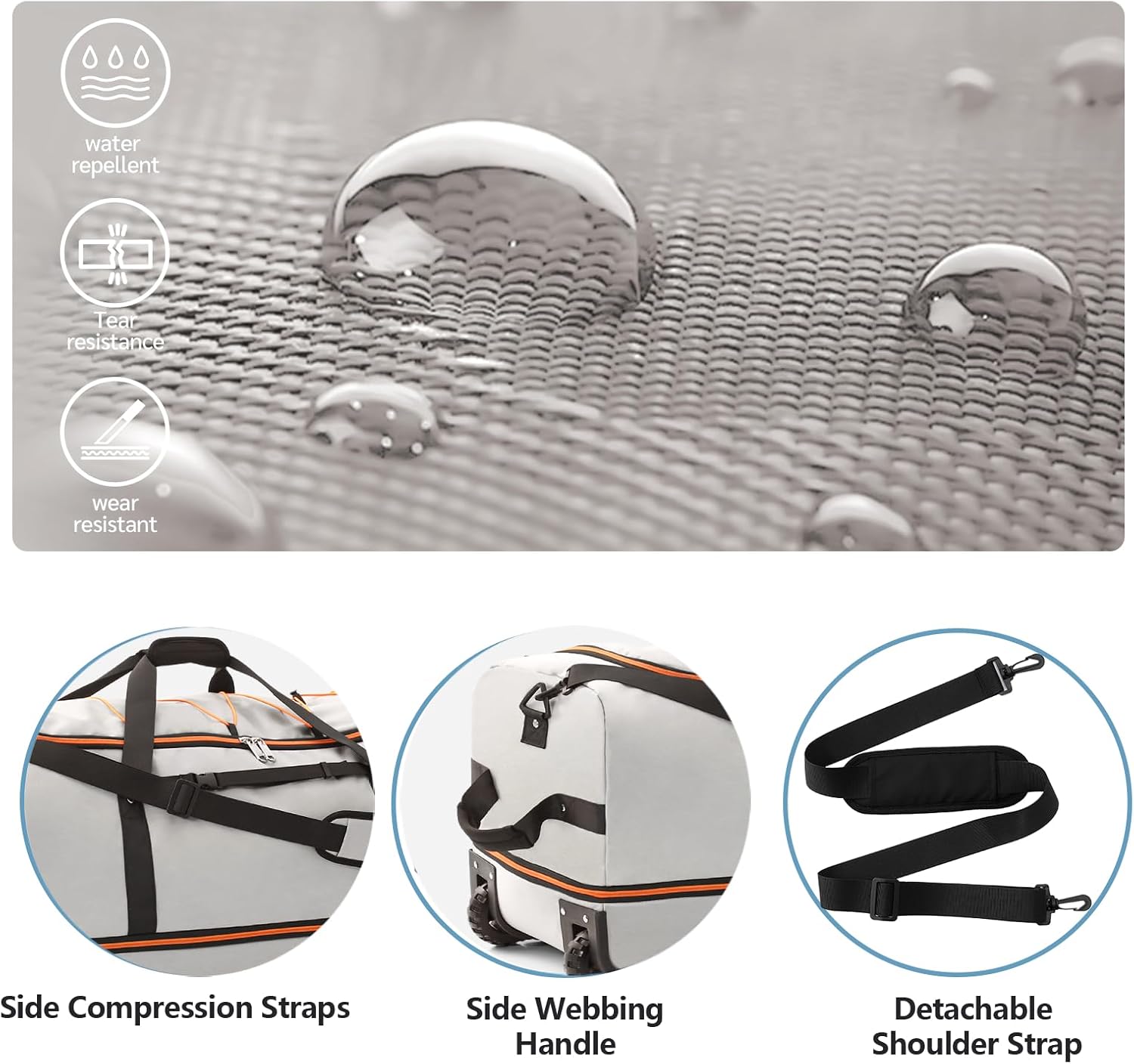 32” 1680D Oxford Foldable Duffle Bag with 2 Wheels,110L to 140L Expandable Soft Sided Rolling Travel Bag,Grey - Image 5