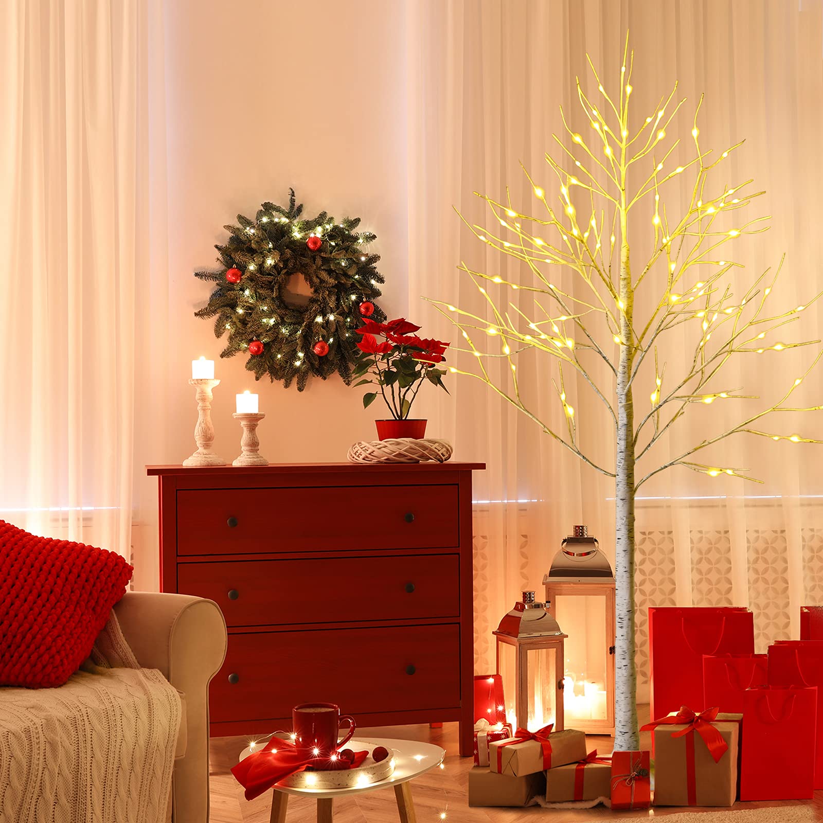 LIFEZEAL Albero di Natale artificiale alto 150 cm/180 cm, rami in PVC e supporto in ferro, 72/96 LED, luce bianca calda (180 cm)