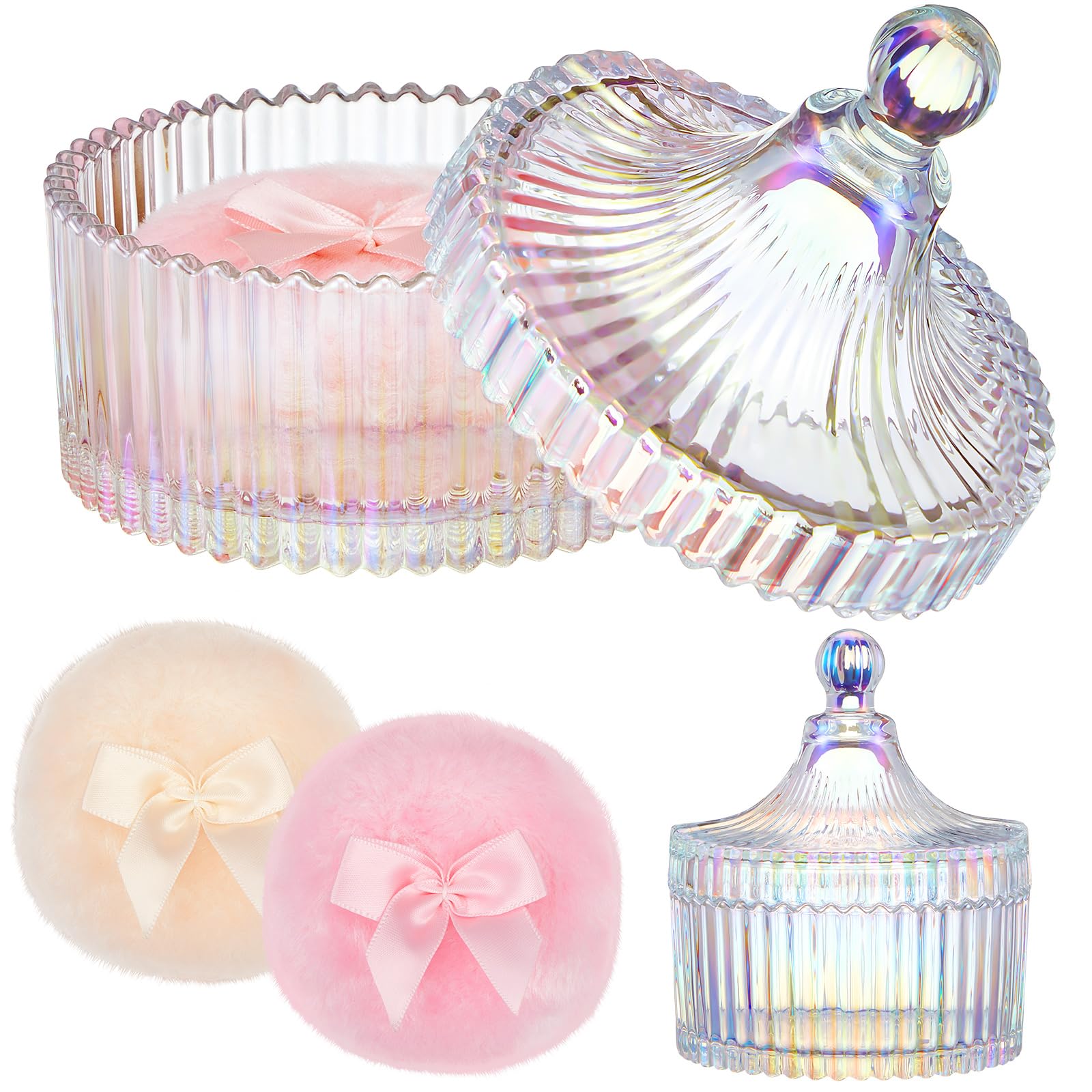 Tioncy 3 Pcs Large Body Powder Puff and Container Valentine's Day gift Powder Container with Puff Crystal Case Soft Washable Reusable Velour Face Body Glitter Wet Dry Makeup(Classic,Dazzling)