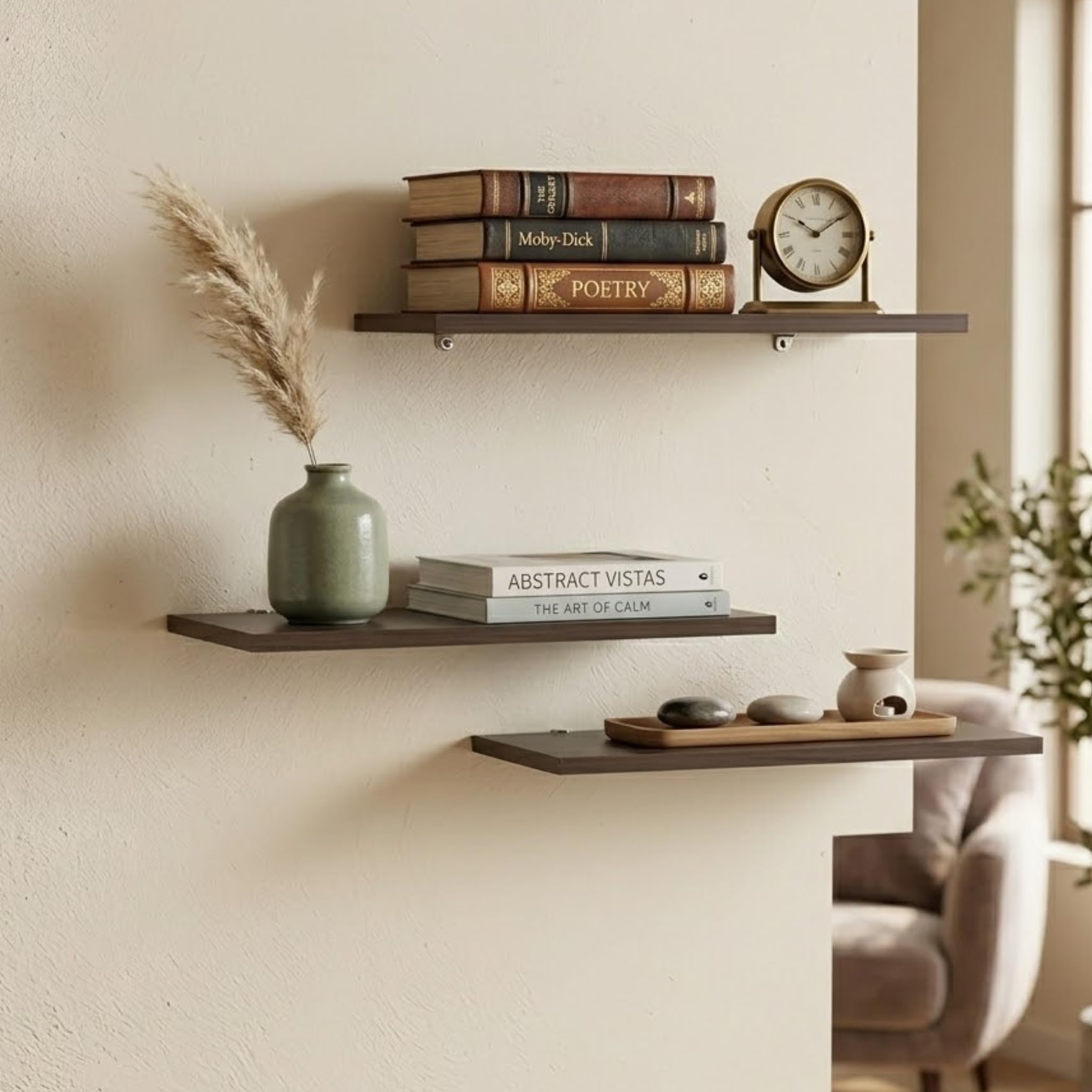 Engineered Wood Floating Wall Shelves, Set of 3, Glossy Finish, Water Resistant, Scratch Resistant, 20 Kg Capacity, for Living Room Bedroom Office (Brown, 3)-image-44