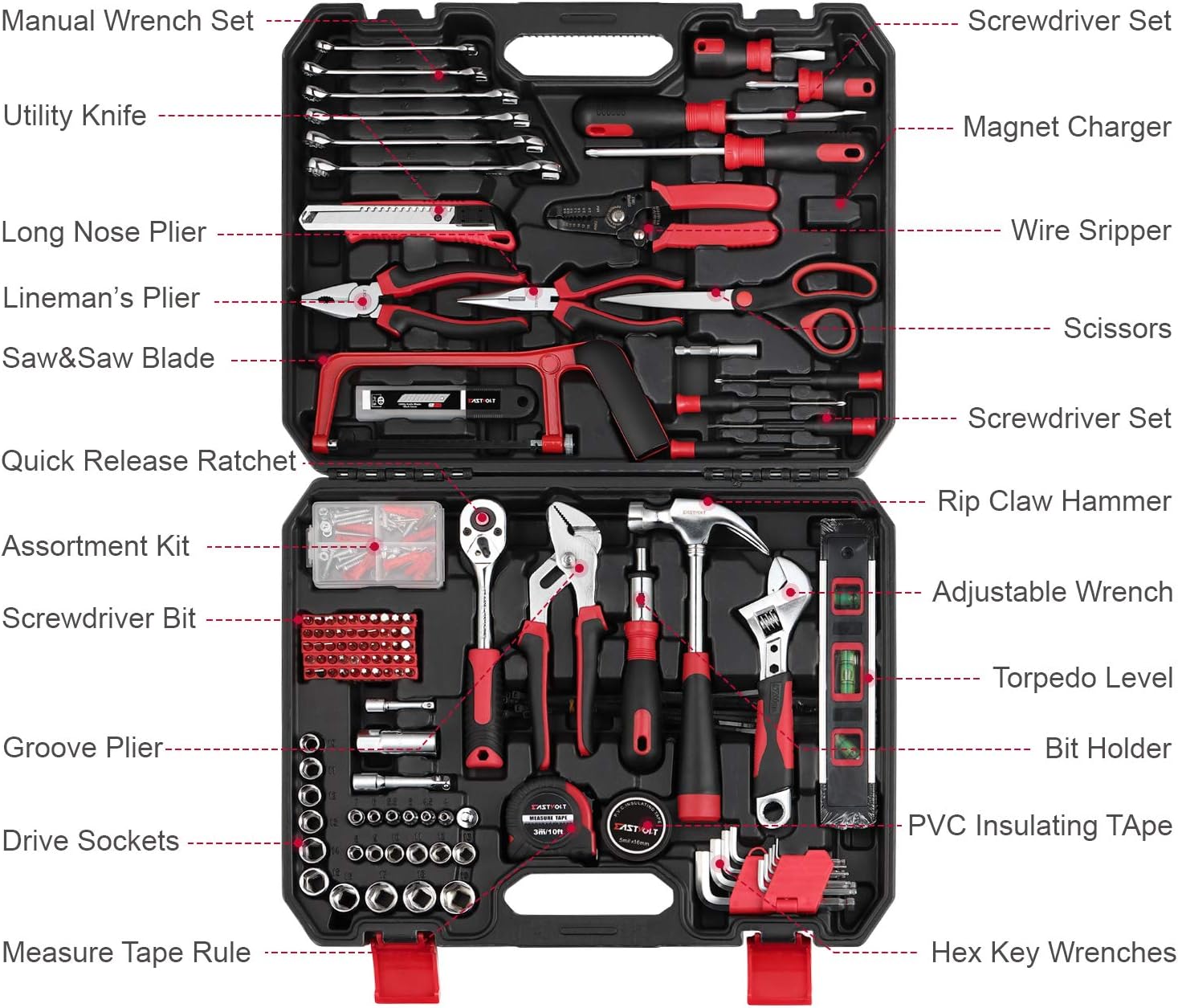 218-Piece Household Tool kit,Auto Repair Tool Set, EASTVOLT Tool kits for Homeowner, General Household Hand Tool Set with Hammer, Plier, Screwdriver Set, Socket Kit, with Carrying Tool Box, EVHT21801 - - 