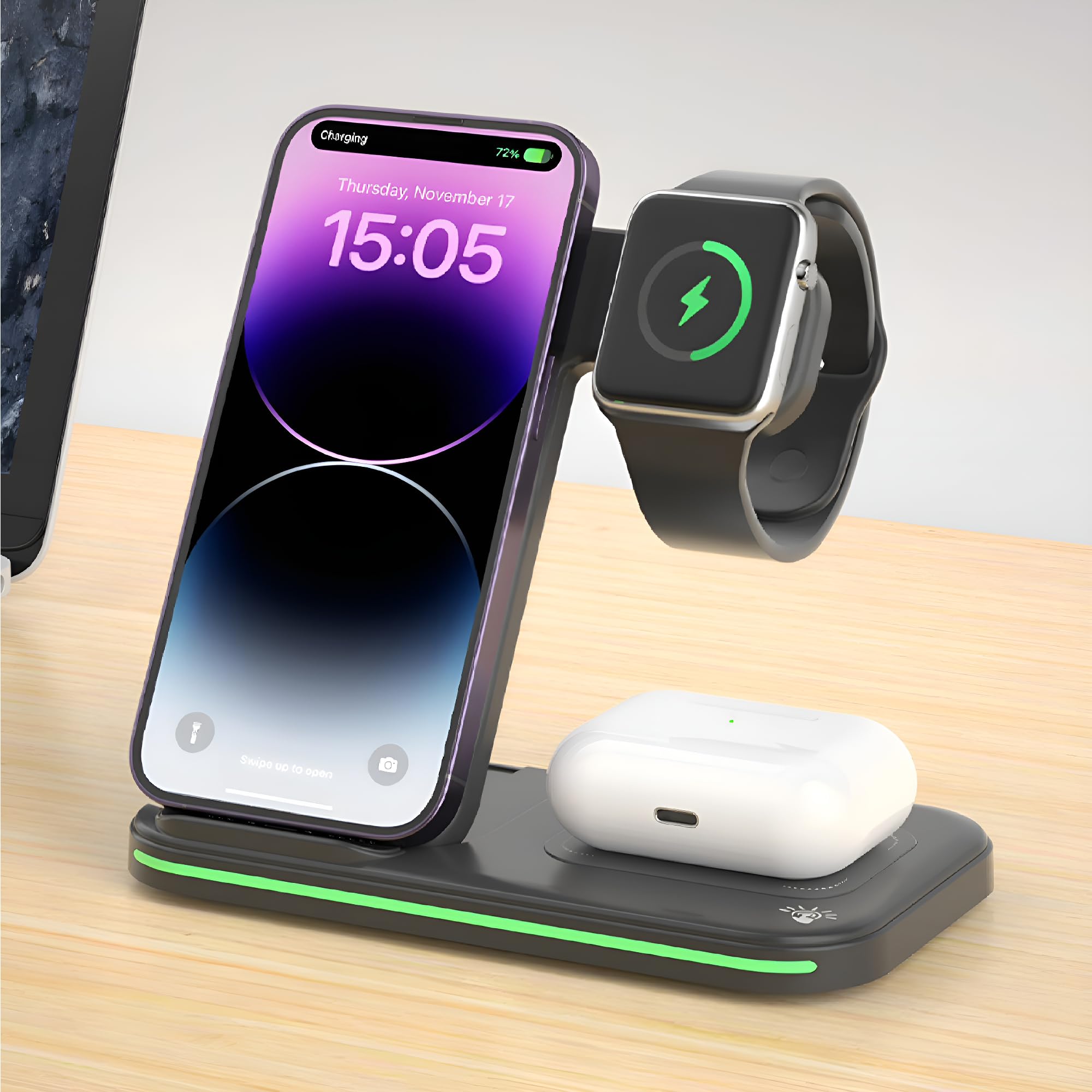 MMOBIEL Bezprzewodowa Stacja Ładująca kompatybilna z iPhone, Apple Watch i AirPods - Bezprzewodowa podstawka ładująca 3 w 1-15 W Premium - Stacja Dokująca do Szybkiego Ładowania - Czarna
