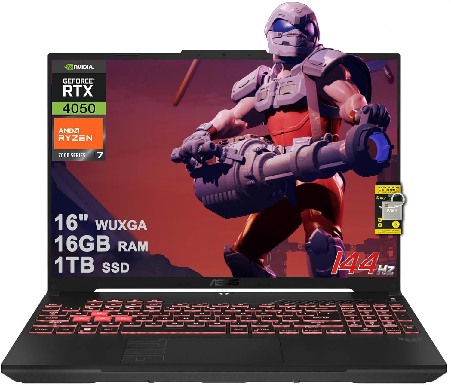 ASUS TUF Gaming A16 Laptop 16″ WUXGA 144Hz AMD 6-core Ryzen 7 7445HS 16GB DDR5 1TB SSD GeForce RTX 4050 (Up to 194 AI Tops) RGB Backlit USB4 AI Noise Cancelation Wi-Fi6 Win11 ICP Hub