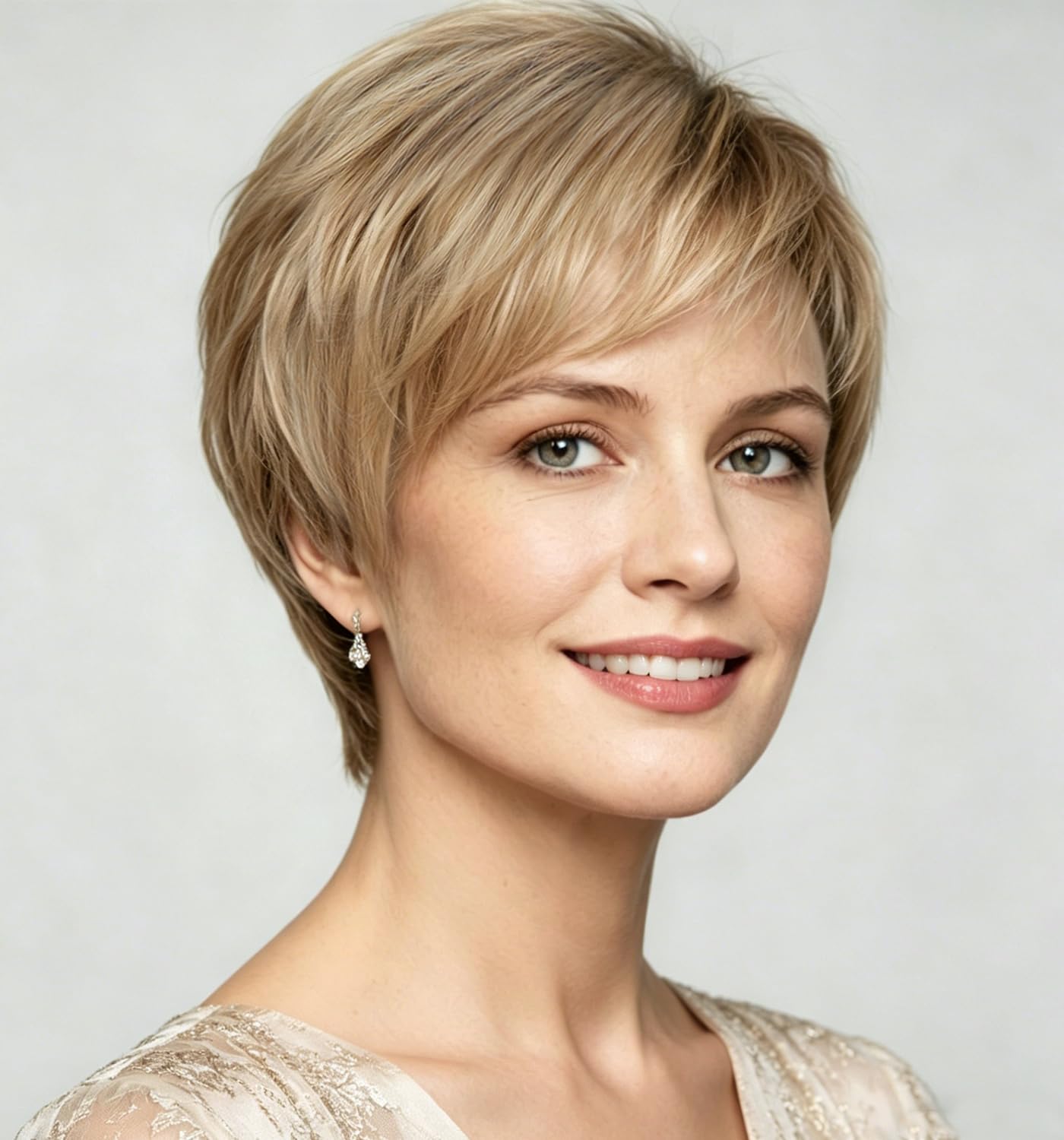 SEVENCOLORS Short Mixed Blonde Wigs with Bangs for White Women Layered Pixie Cut Wig Synthetic Hair Natural Looking Wigs