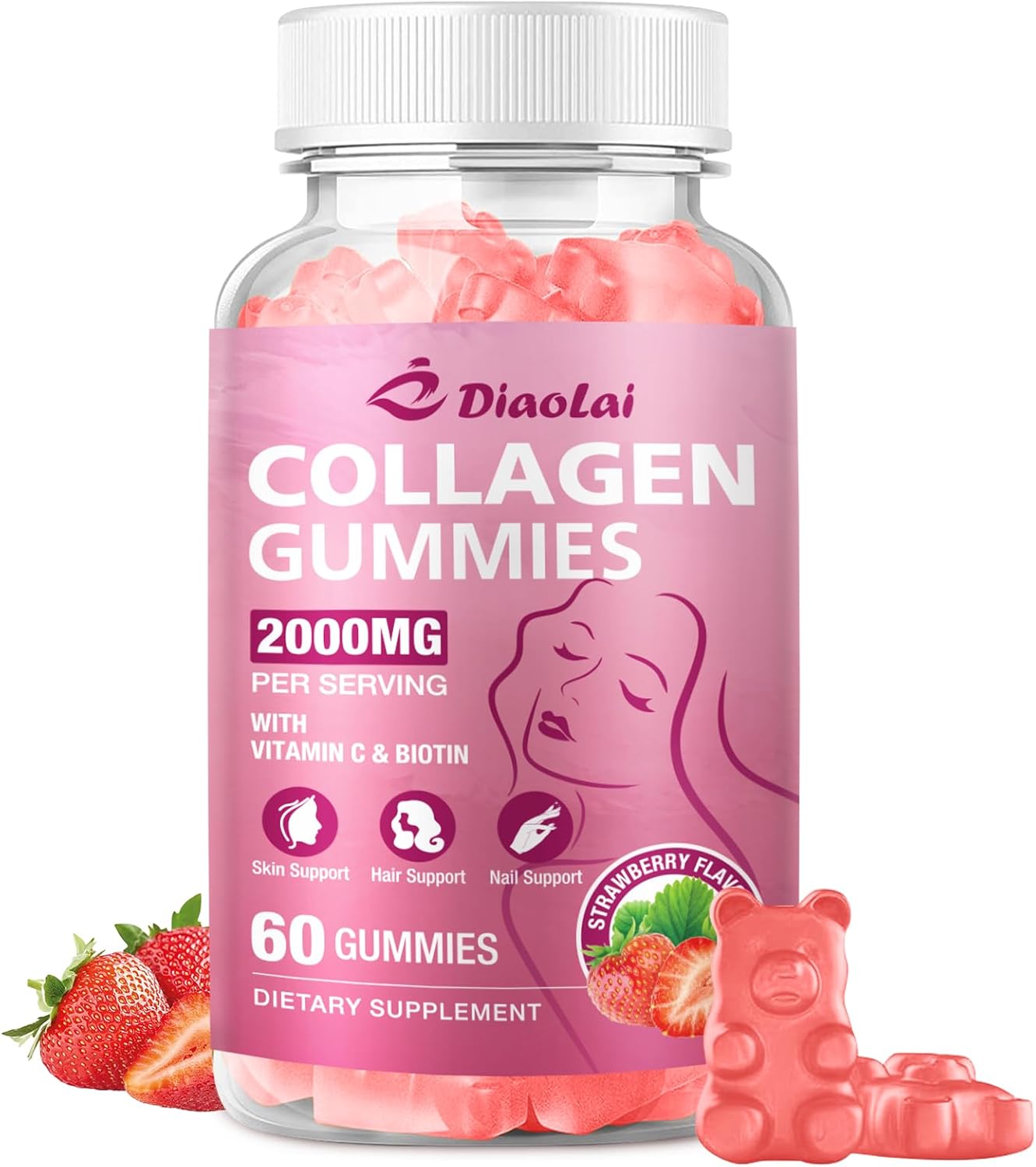 Sugar-Free Multi Collagen Gummies for Women & Men – Types I, II, III, V, X with Biotin, Vitamin C & Zinc for Hair, Skin & Nails | Strawberry Flavor | 60 Gummies