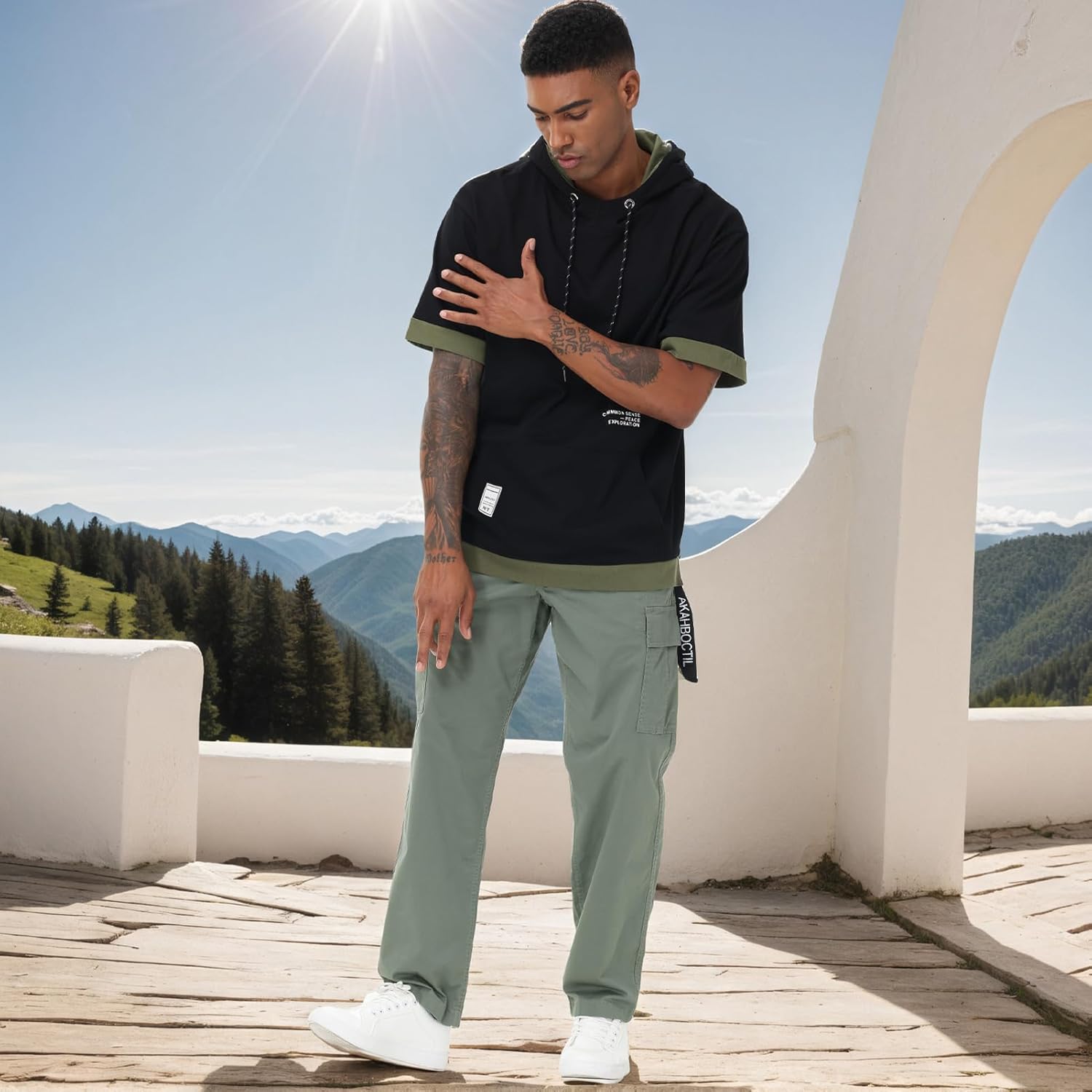 Mens Short Sleeve Hoodie Soft Cotton Color Block Moisture Wicking Big Pocket Hip Hop T-Shirt Hoodie Sports - Image 3