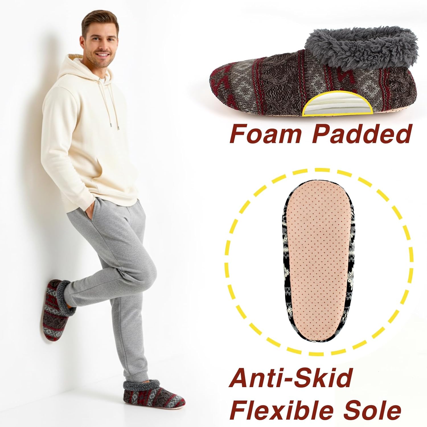 cosyone1997 2-Pair Men's Slipper Socks Fluffy Sherpa Lined, Winter Cable Knit Warm Gripper Sock Set Non-Skid Soles, Cozy Gifts for Men, Sizes 8-15 - Image 5