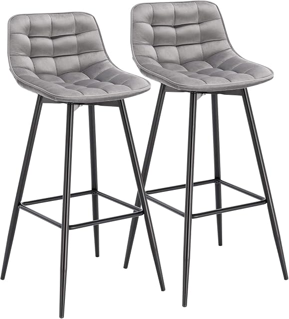WOLTU Bar Stools Set of 2 PCS Soft Velvet Seat Bar Chairs Breakfast Kitchen Counter Chairs Metal Legs Barstools Light Grey High Stools with Backrests & Footrests
