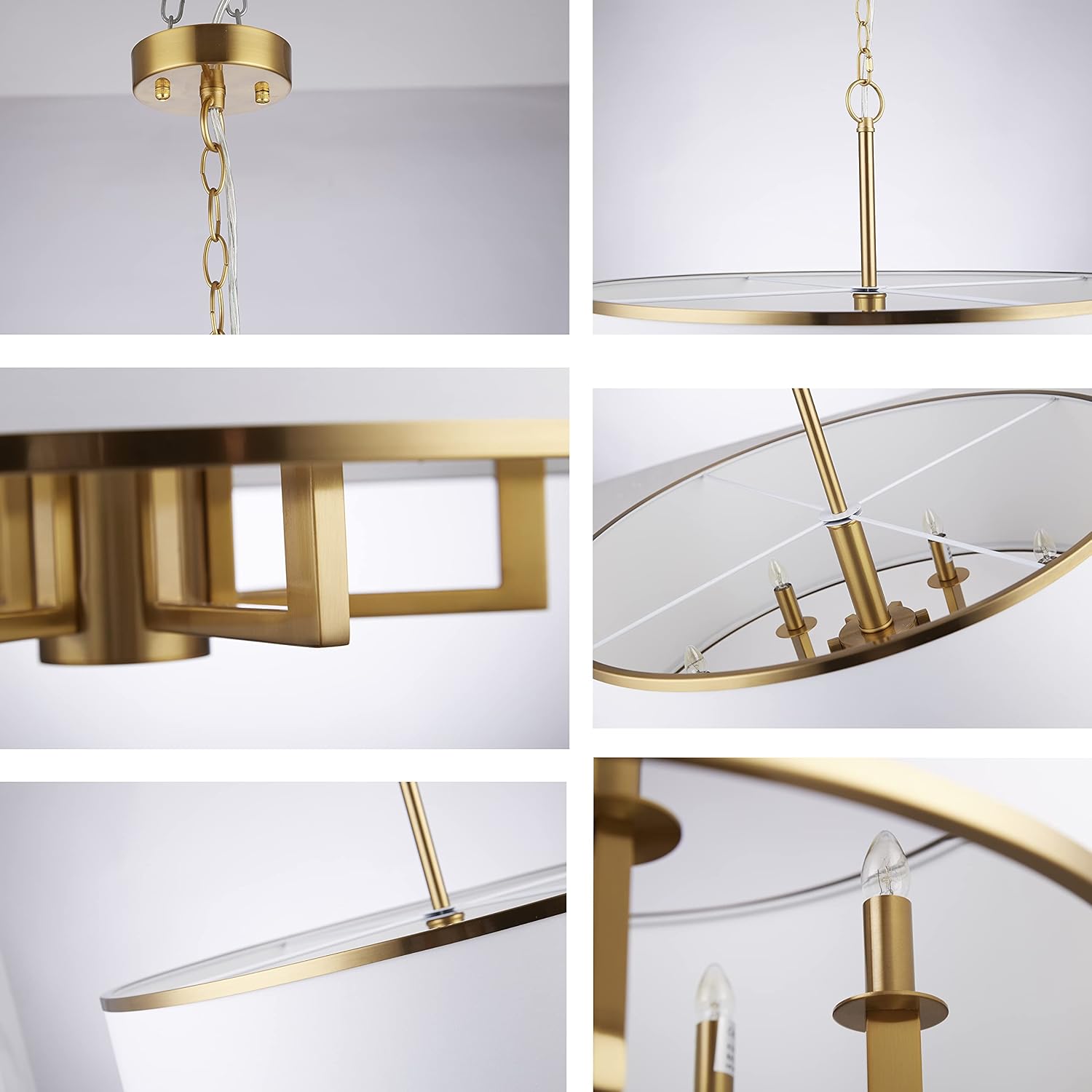 19 Inch 5 Lights Modern Adjustable Gold Drum Chandelier, Metal Brass Drum Shade Chandelier with White Round Plastic Shade for Bedroom Living Room Dining Room