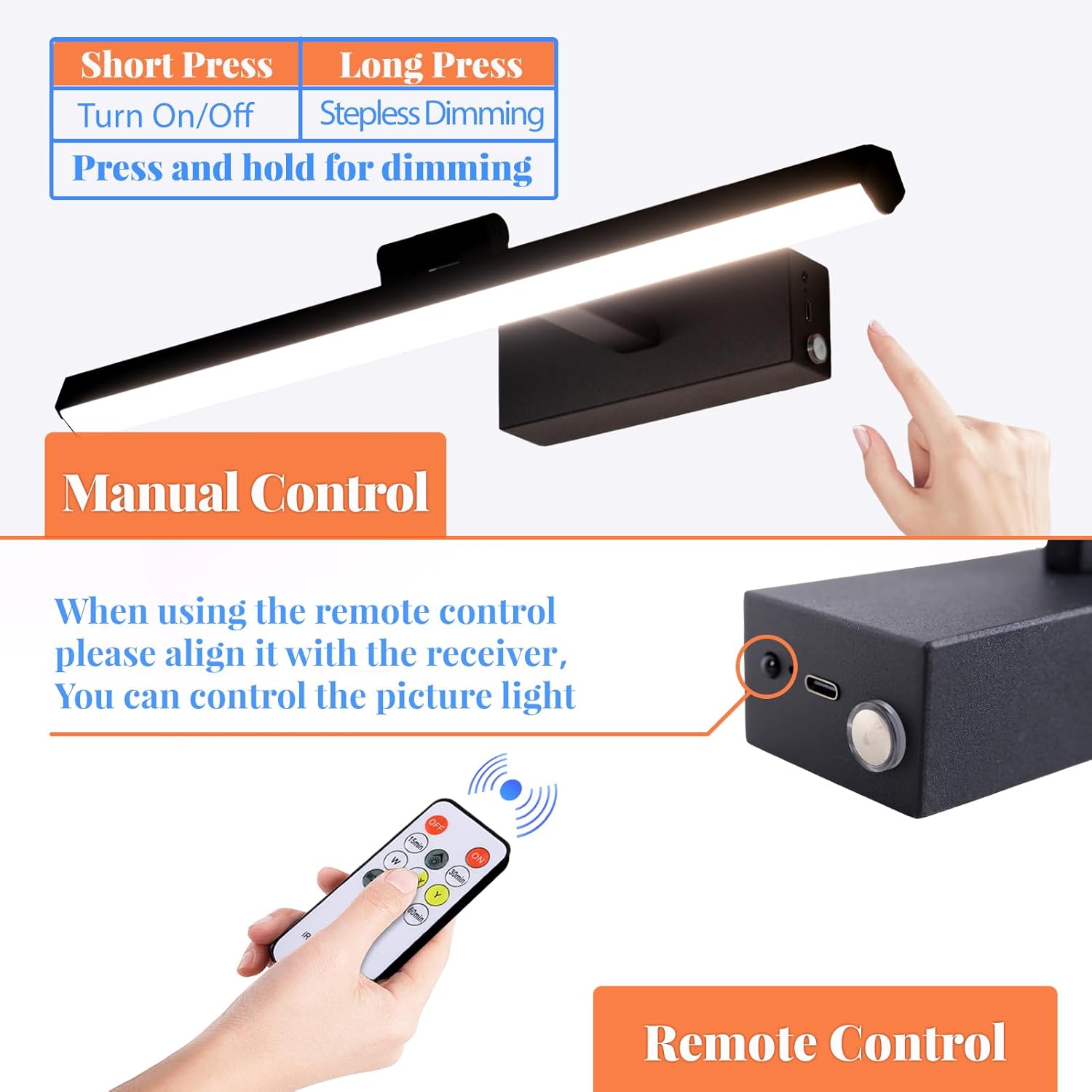 Battery Operated Picture Lights for Wall 15.7inch Rechargeable Wireless Wall Light with Timer and Remote Dimmable Black Metal Art Light for Display Paintings Gallery Artwork Portrait