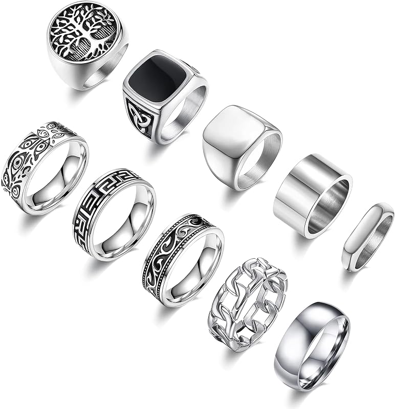 MEDOJO 10 Pcs Men's Stainless Steel Vintage Signet Ring Square Pinky Thumb Chunky Thin Band Ring Vintage Biker Band Rings Set 7-13