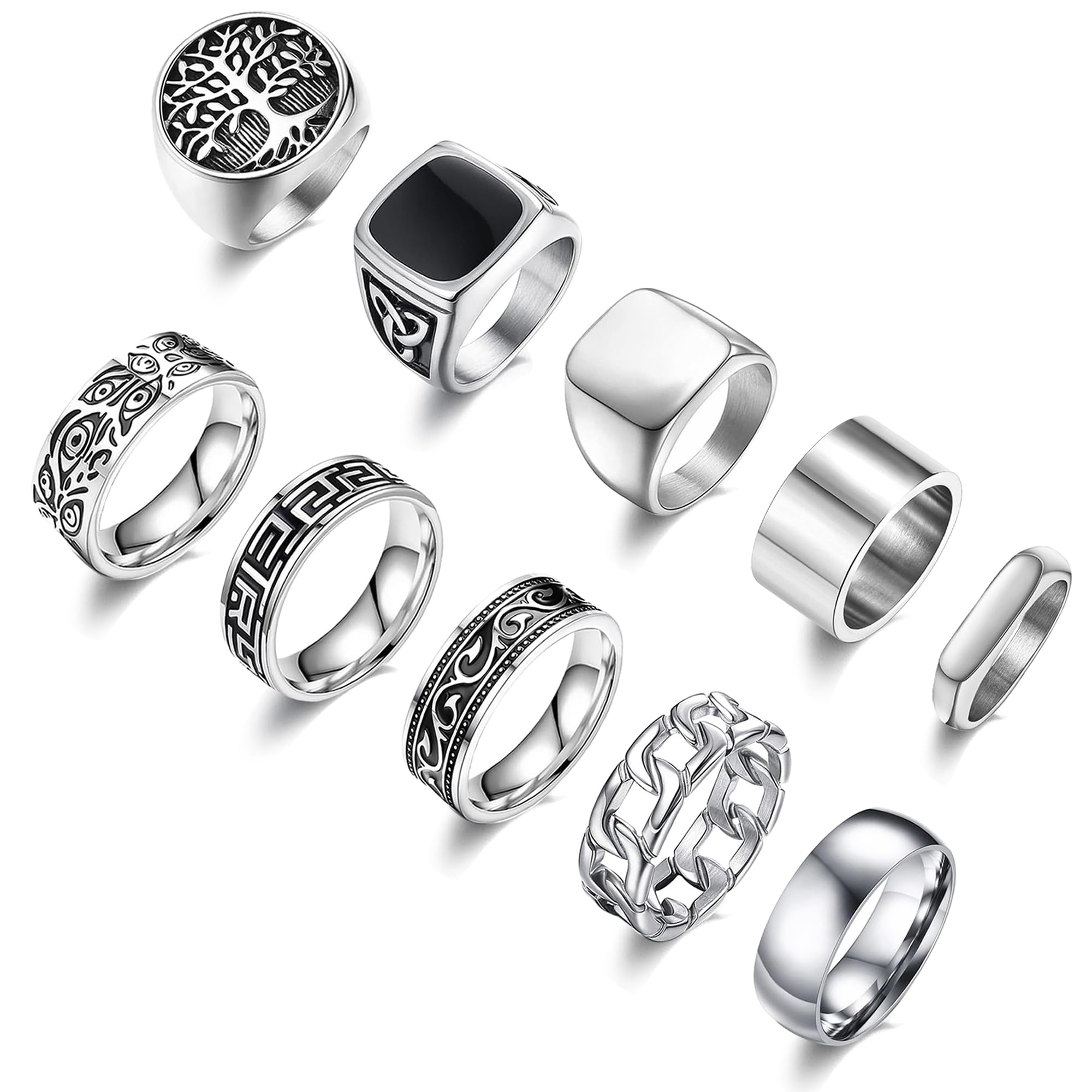 medojo 10 Pcs Men's Stainless Steel Vintage Signet Ring Square Pinky Thumb Chunky Thin Band Ring Vintage Biker Band Rings Set 7-13-picture-46