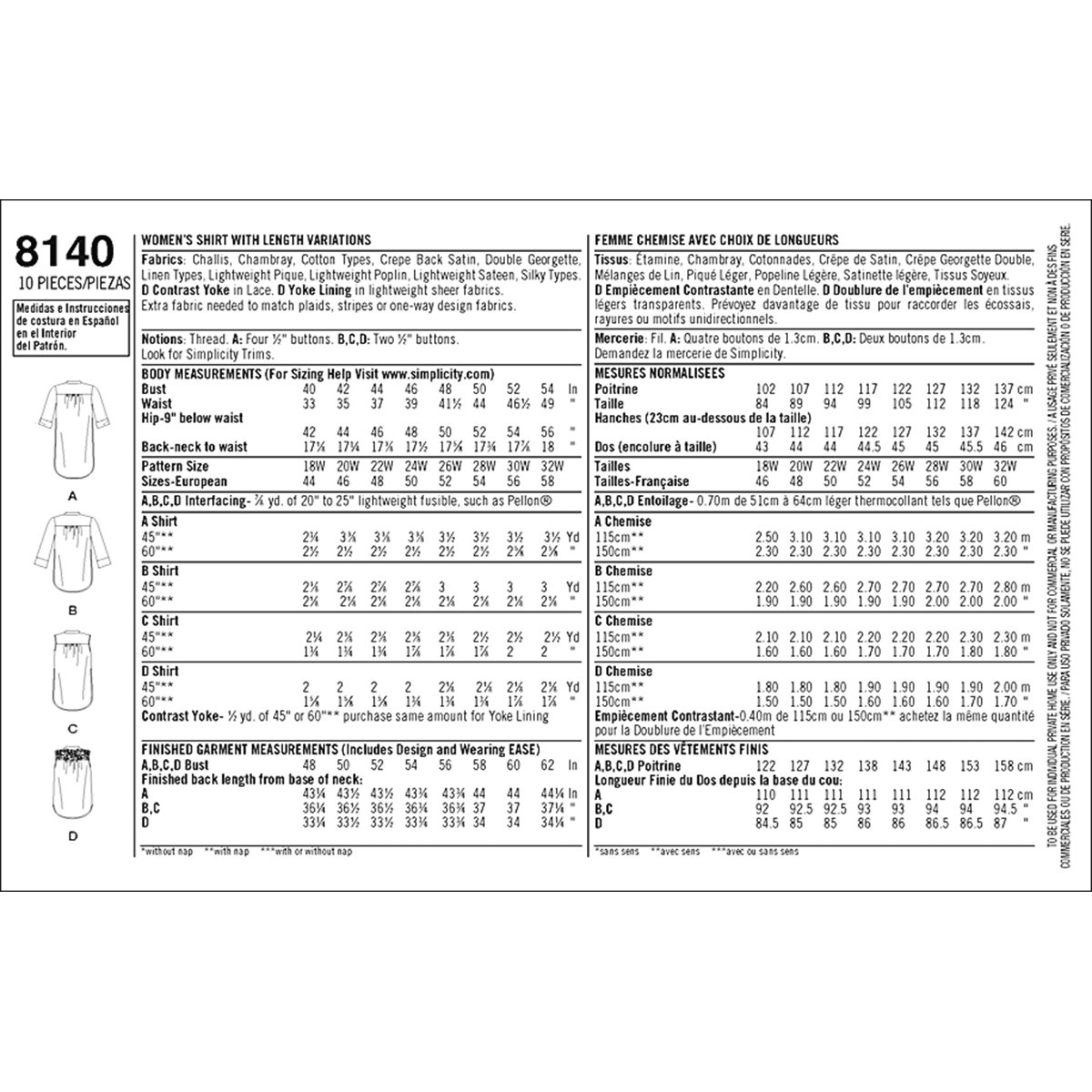 Simplicity 8140 Women's Plus Size Tunic Sewing Pattern, Sizes 18W-24W