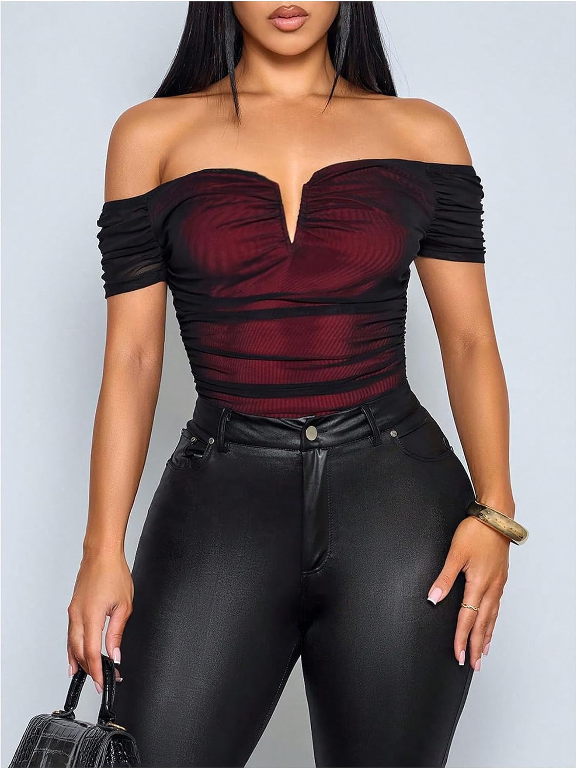 OYOANGLE Women's Off Shoulder V Neck Bodysuit Mesh Overlay Ruched Club Party One Piece Leotard Tops