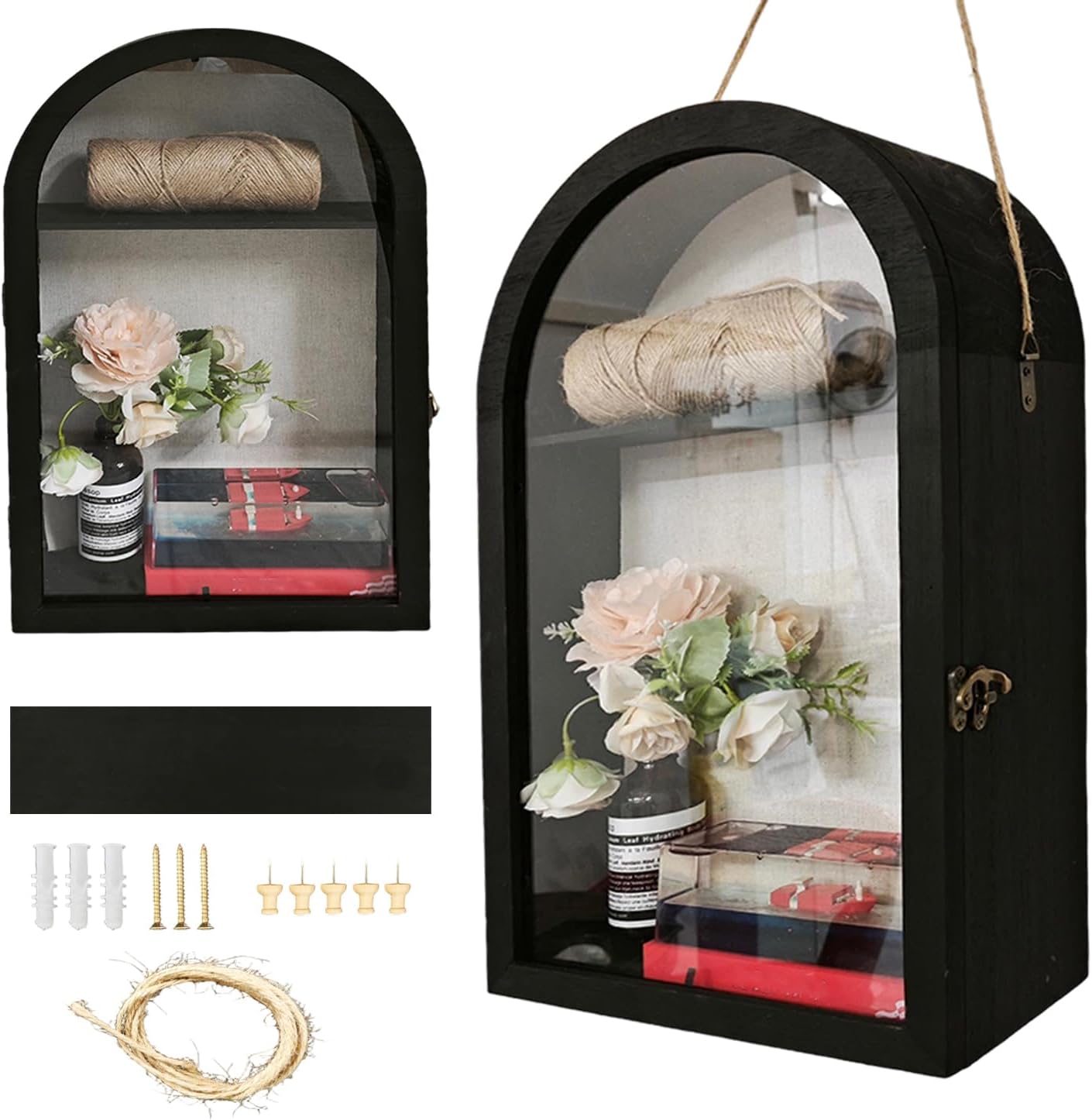 10x16 Large Shadow Boxes Display Cases Shadow Box Frame with Removable Shelves and Linen Back, Arch Shape Picture Frame Memory Box for pet memorials, Wedding, Medals, Military (Black)