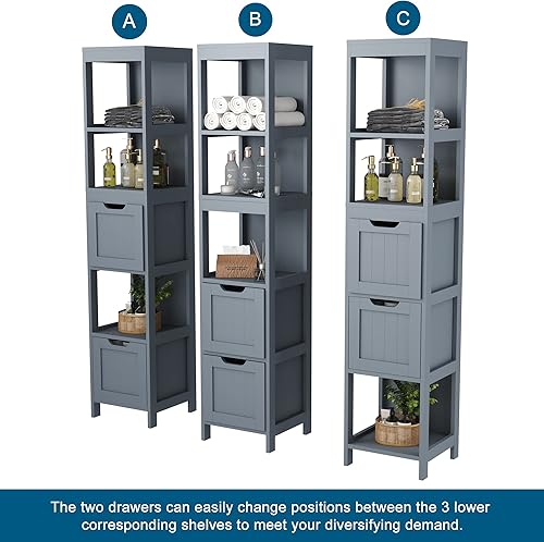 Miniatura 6 de HOMEFORT Armario de almacenamiento para baño, gabinete alto delgado, organizador de gabinete de piso estrecho, torre de lino de madera con 2 cajones