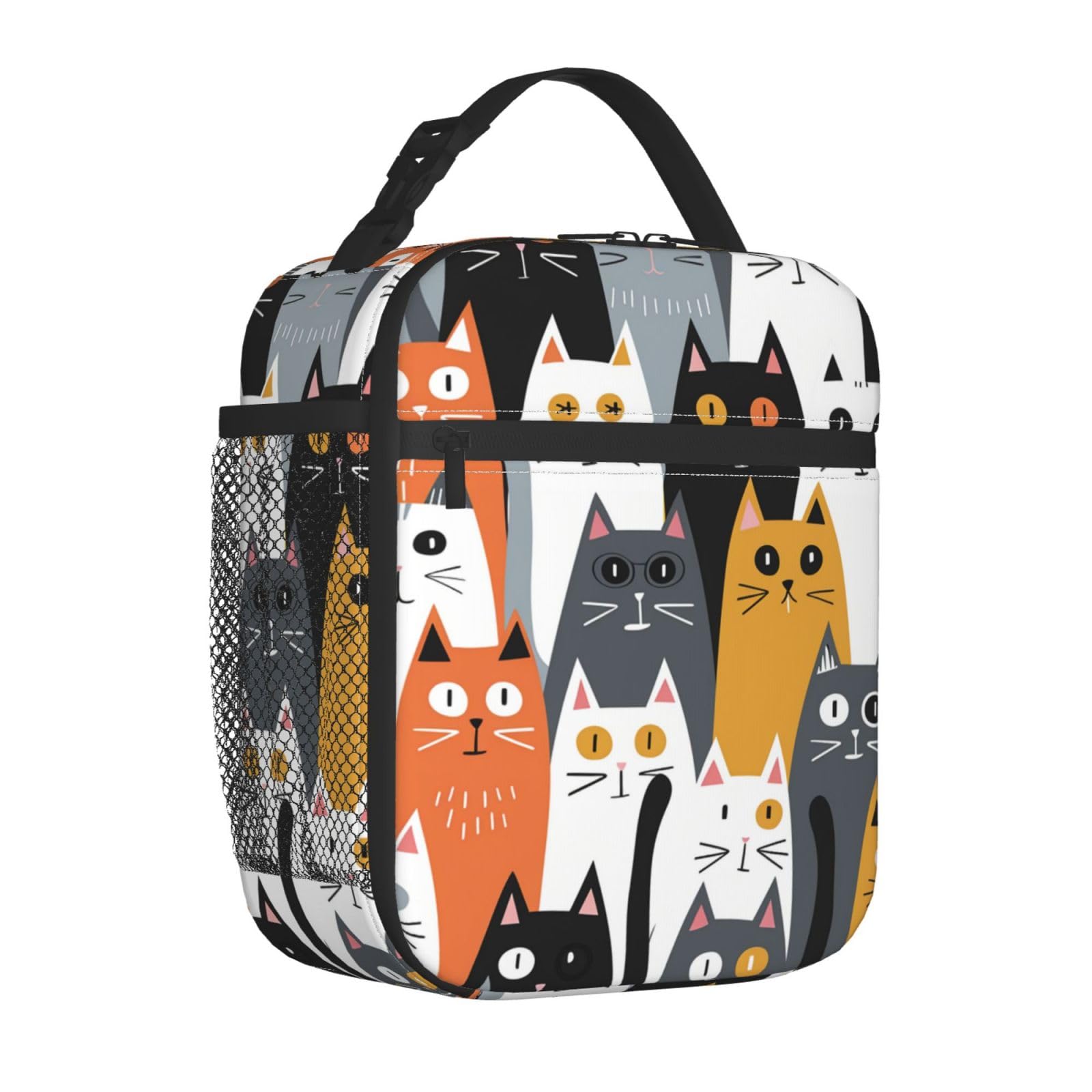 Mexpekil Cute Cats Face Insulated Lunch Bag for Women Men Thermal Lunch Box Portable Picnic Cooler Bag with Side Mesh Pocket Adults Lunchbox for Work
