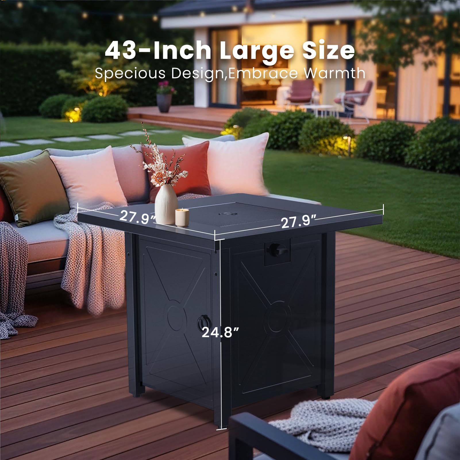 R.W.FLAME Chimenea para exterior de 28 pulgadas cuadrada de metal para fogatas – Mesa de propano con rocas de lava, cuenco de acero para picnic, chimenea de jardín de patio hoguera, 40000 BTU