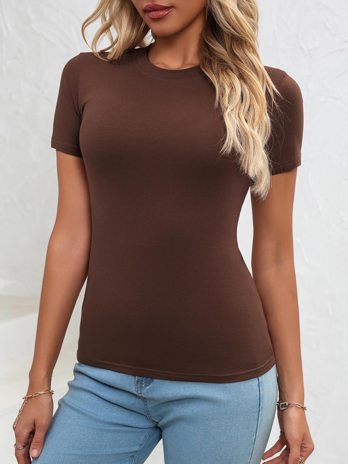 Womens' Stretchy High Neck Short Sleeve Gym Workout Slim Fitted Casual Full Length Top T-Shirt - Image 3