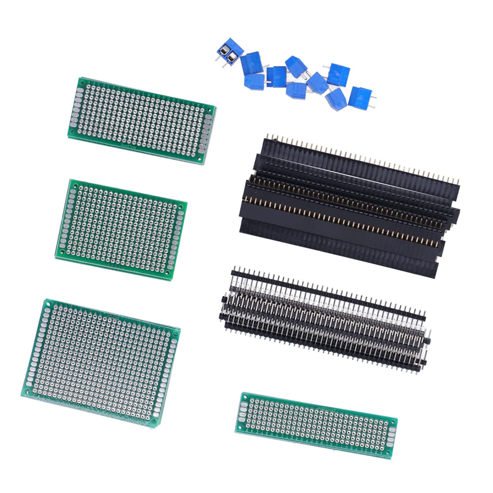 LANTOR JS 50 Pcs Double Sided PCB Board Kit, 4 Sizes 20 Universal Printed Circuit Protoboard with 20 Male/Female Header Connector and 10 Terminal Blocks