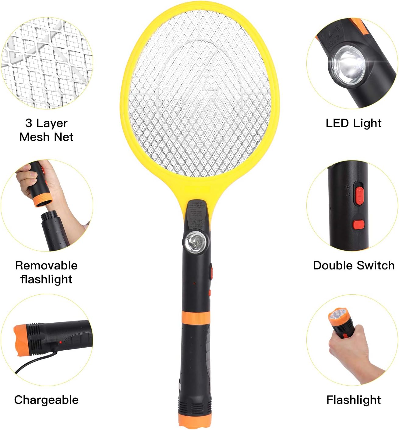 Bug Zapper, Mosquito Repellent Killer with Built-in AC Wall Plug, Electric Fly Swatter for Home Indoor Outdoor, LED Light, Safe to Touch with 3-Layer Safety Mesh