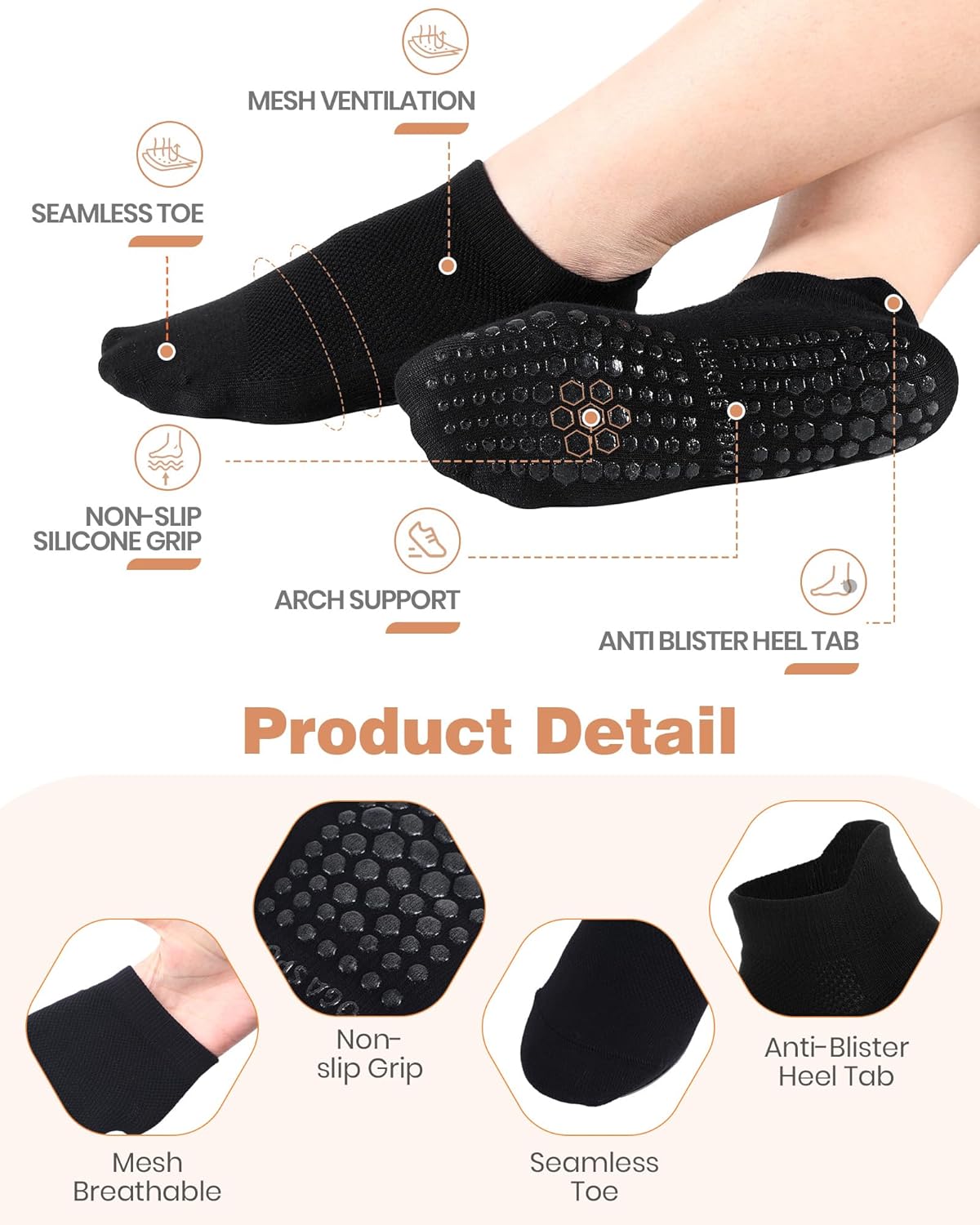 8 Pairs Non Slip Pilates Socks with Grips for Women Bulk Yoga Anti Skid Athletic Socks for Barre Ballet Hospital - Image 3