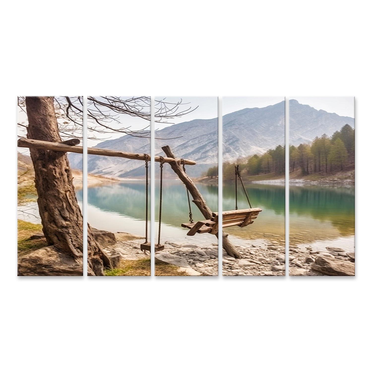 Tableau sur toile vieille balançoire en bois au bord du lac et montagnes pour déco murale