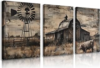 3Pcs Country Farmhouse Canvas Wall Art Vintage Windmill Barn Cornfield Painting Pictures Wall Decor Landscape Countryside Rural Poster Printing Artwork for Office,Bathroom,Living Room Home Decoration
