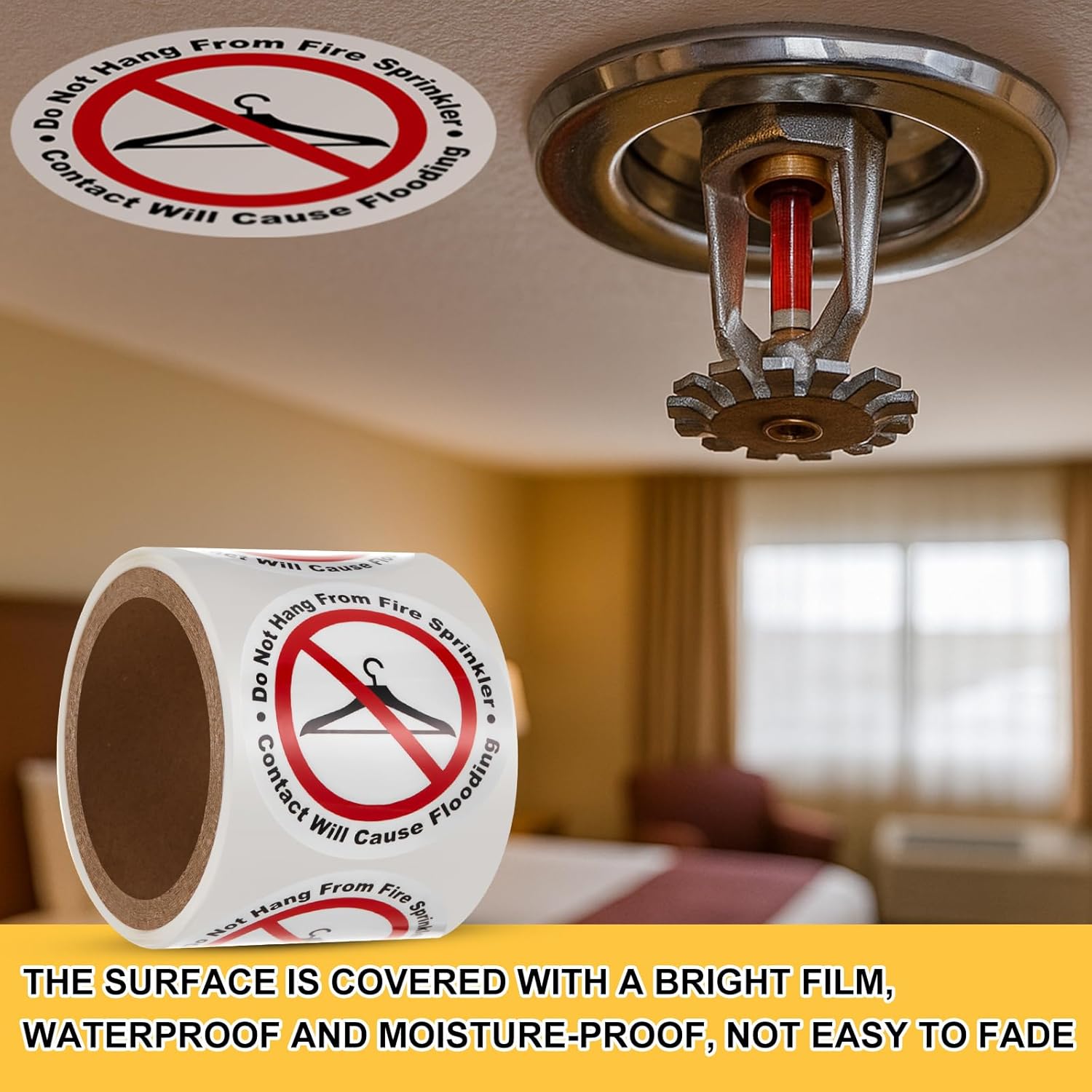 火からぶら下がらないスプリンクラーサイン 3インチ 粘着コート紙 300個入り グリッドバッキングステッカー付き 接触するとフラッデ