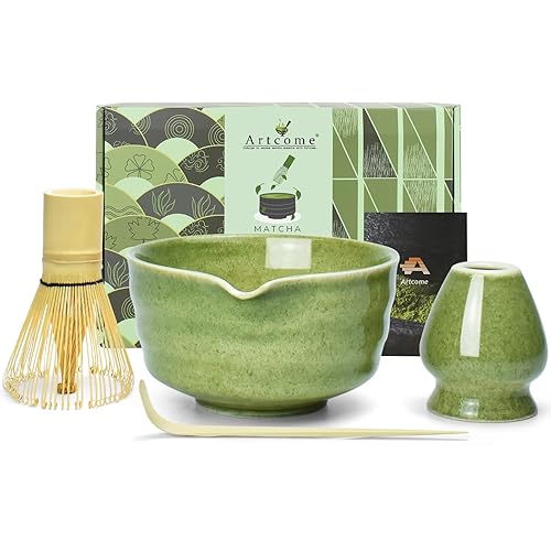 Artcome Set da tè Matcha da 4 pezzi, kit completo per cerimonia giapponese con ciotola, frusta, supporto per frusta, paletta e guida, verde screziato