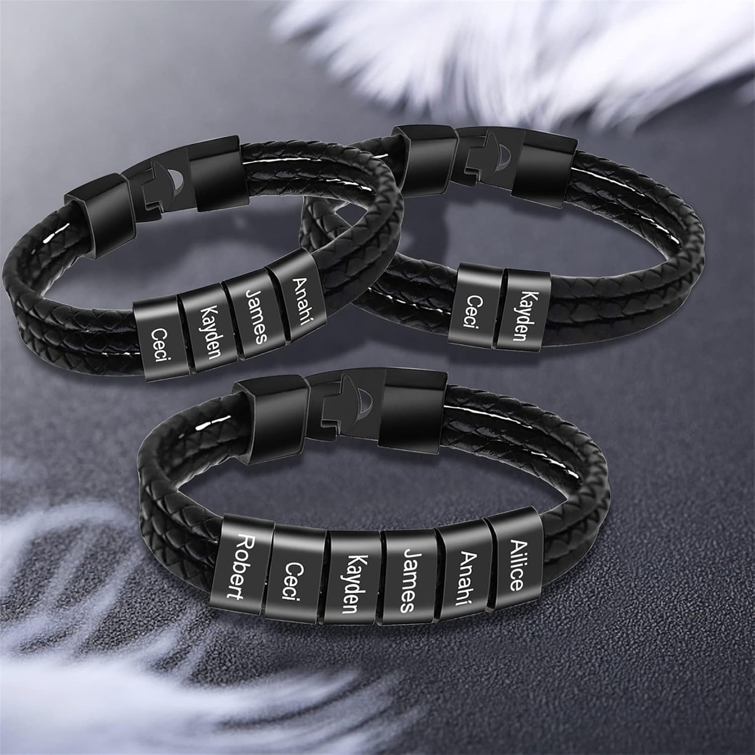 Personalized Mens Bracelets for Dad Engraved Name Bracelet for Men Custom Braid Leather Bracelet for Father Papa Boyfriend Grandpa Gift Father’s Day Christmas