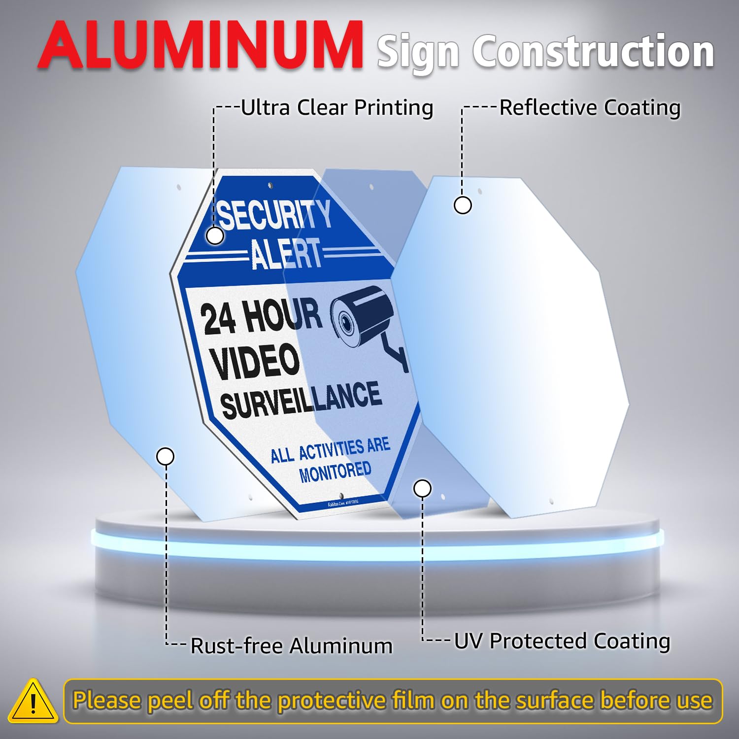 Faittoo Señal de seguridad de videovigilancia con estaca de 42 pulgadas, paquete de 2 unidades de 10 x 10 pulgadas, aluminio pesado libre de óxido, reflectante, resistente a la decoloración, 2