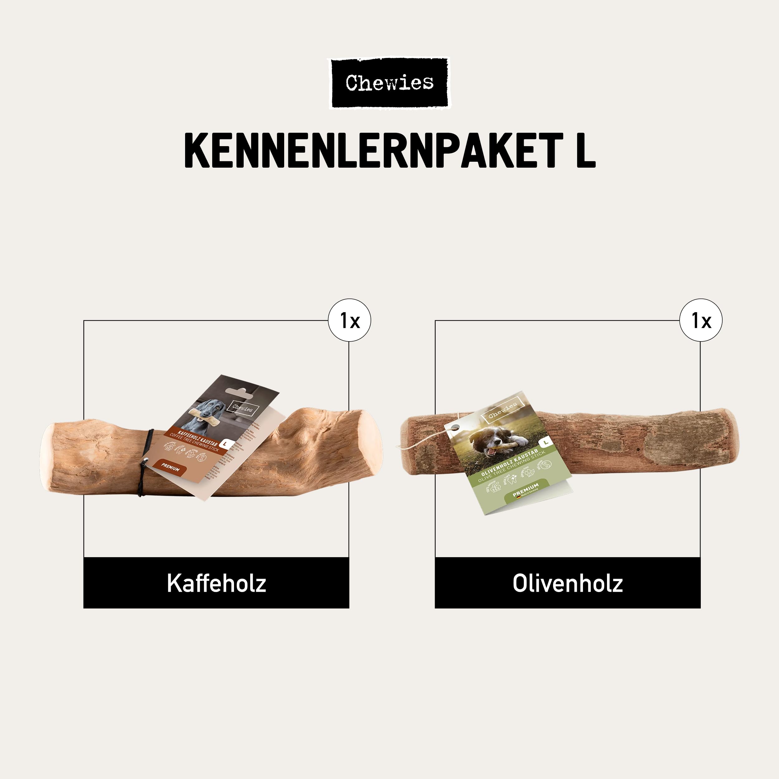Chewies Kennenlern-Paket Large - Olivenholz & Kaffeeholz für Hunde, Kaukäse, Hunde Leckerlis mit Maxi Fleischstreifen, Lucky Bits, Hundezigarre & Trainings-Happen Pferd (für größere Hunderassen)