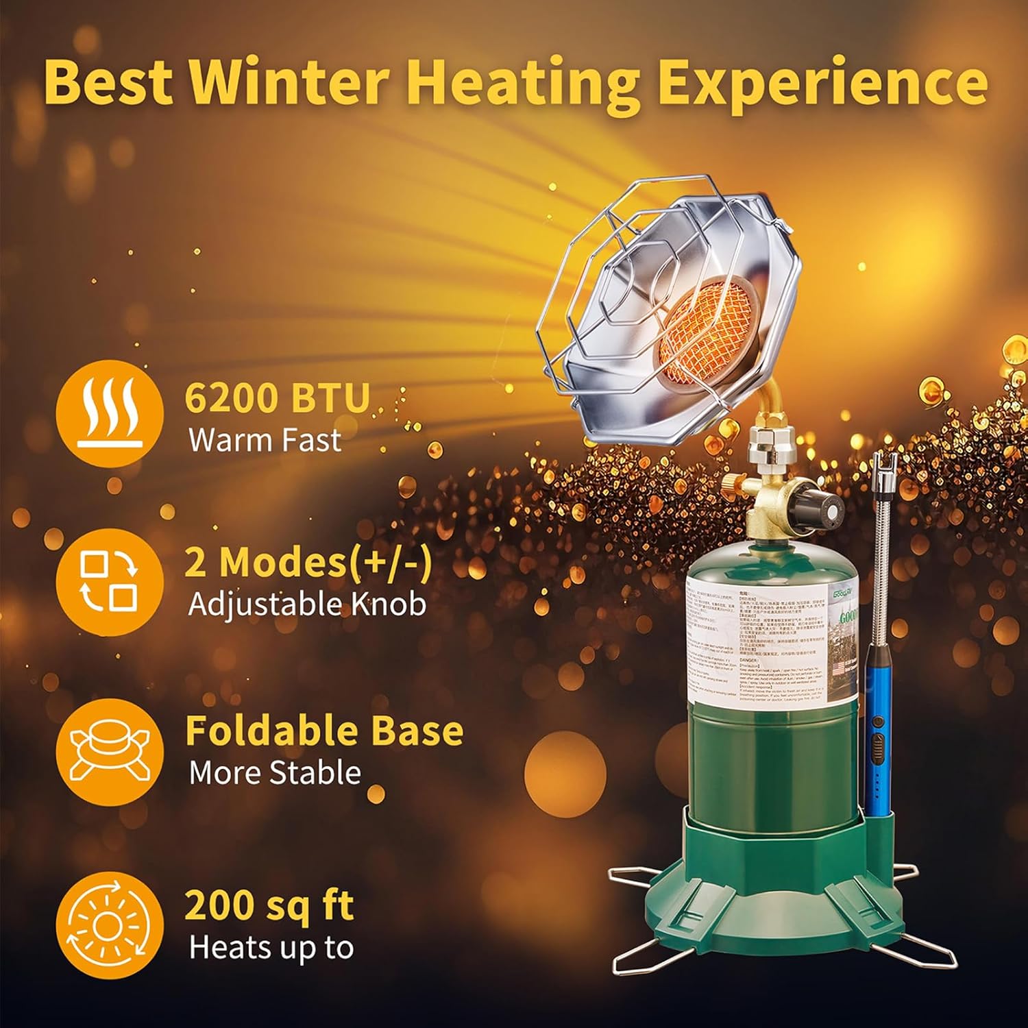 Portable Propane Camping Heater, 6200BTU 2-in-1 with Cup Holder & Base, Cordless Heater for Tent, Garage, Fishing, Compatible with 1lb Propane Tank (Fuel Not Included)