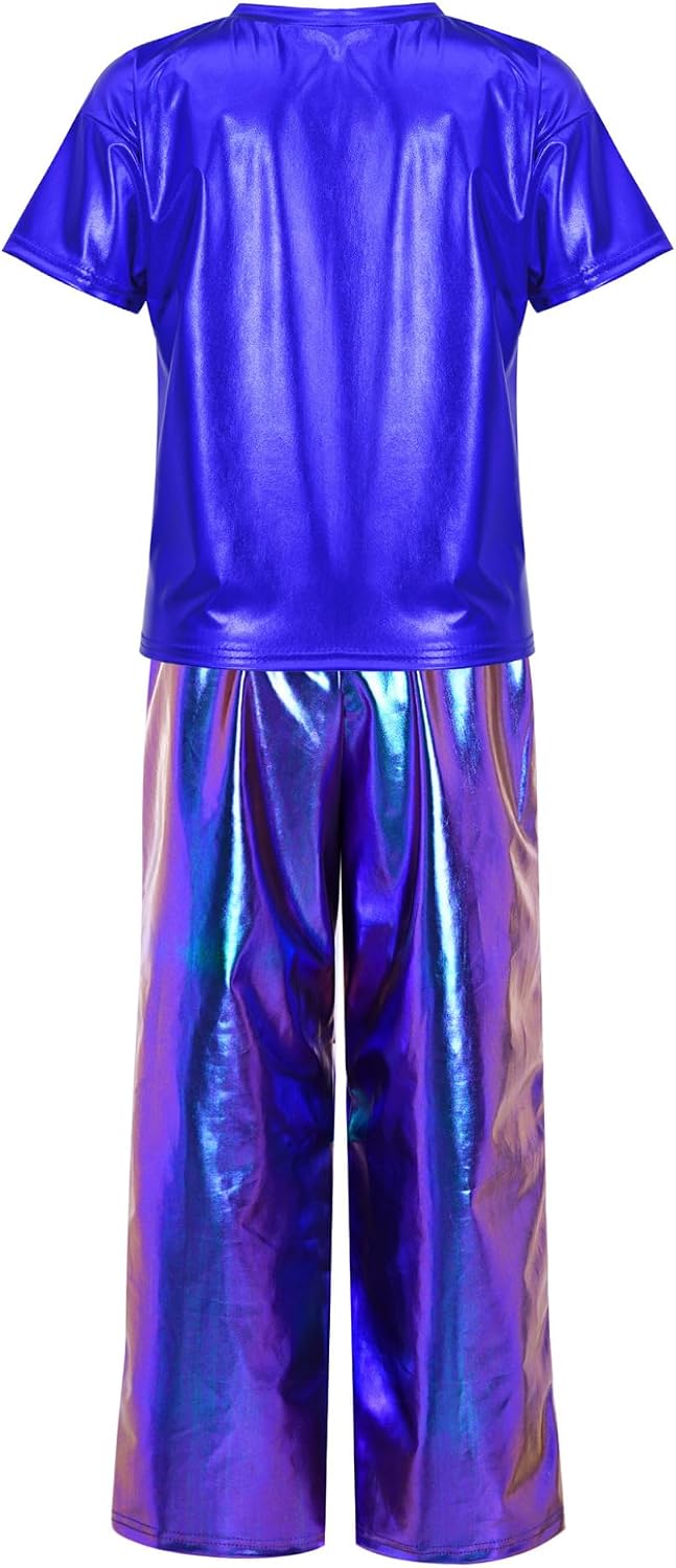 Girls Kids Shiny Metallic Shirt Tear Away Side Zipper Pants Set 2 Piece Jazz Dance Music Fesitval Outfit