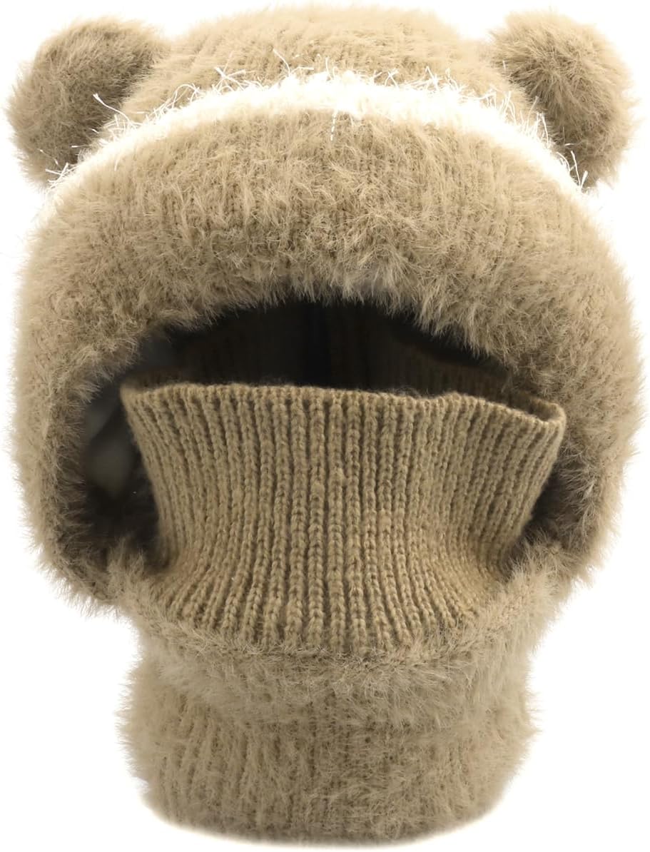 Kids Winter Warm Fleece Knit Beanie Hat with Scarf Cute Ear Flap Balaclava Hat Toddler Hooded Cap Neck Warmer for Boys Girls