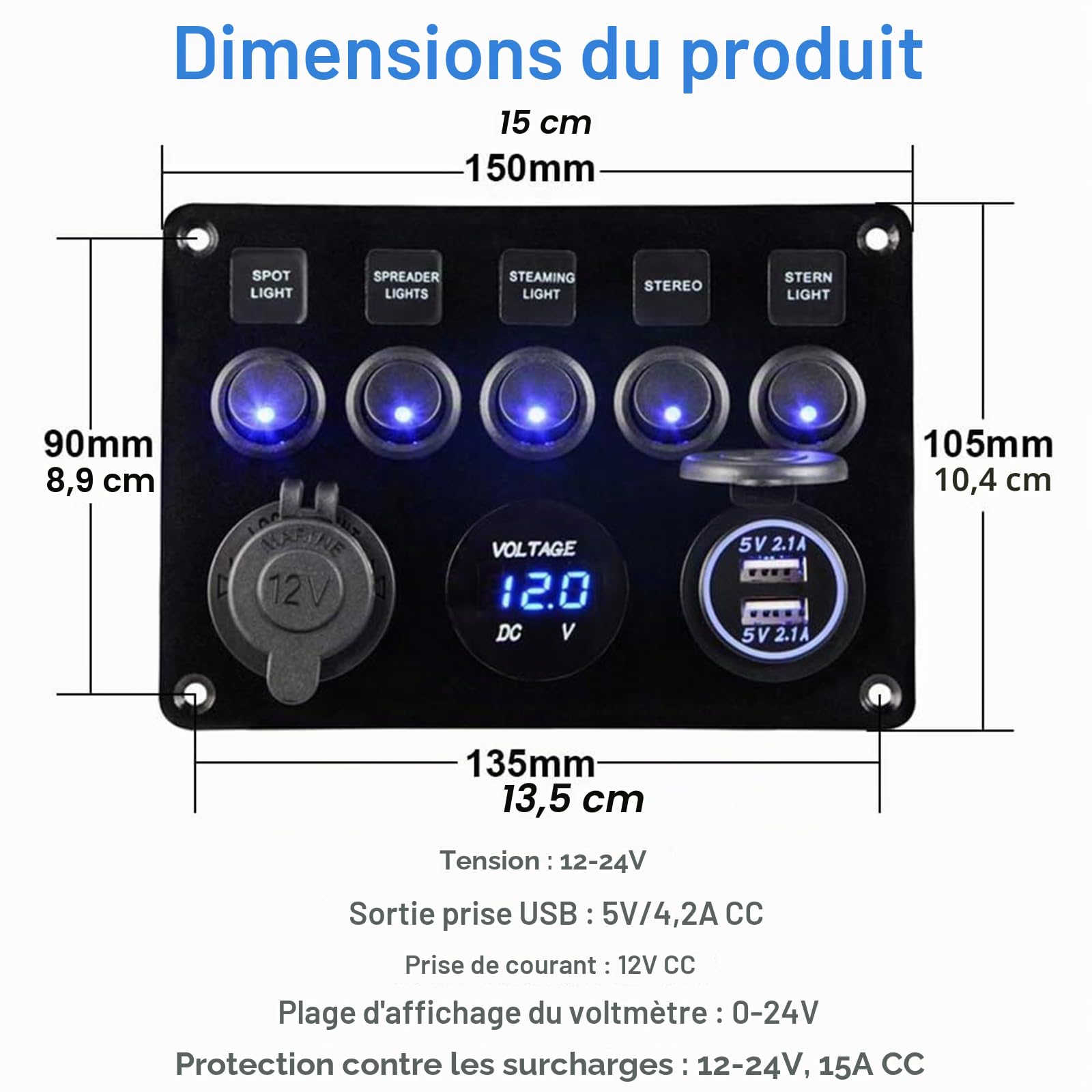 Geloo 5 Gang Panneau de Interrupteur à Bascule 12V/24V Étanche IP65 Panneau de Commutateur avec Chargeur Double USB Voltmètre Numérique pour Voiture Bateau Camion RV Marine Camping-car