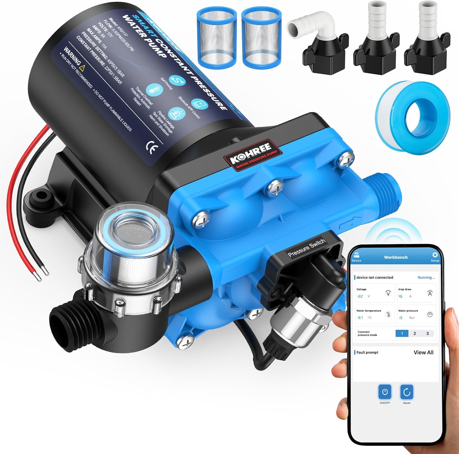 Kohree Smart RV Water Pump 12V DC, 5.5 GPM Variable Speed Constant Water Pressure Pump with Bluetooth APP Control & Real-time Display, 4-Chamber Diaphragm Pump with Run-Dry Protection for RV, Marine