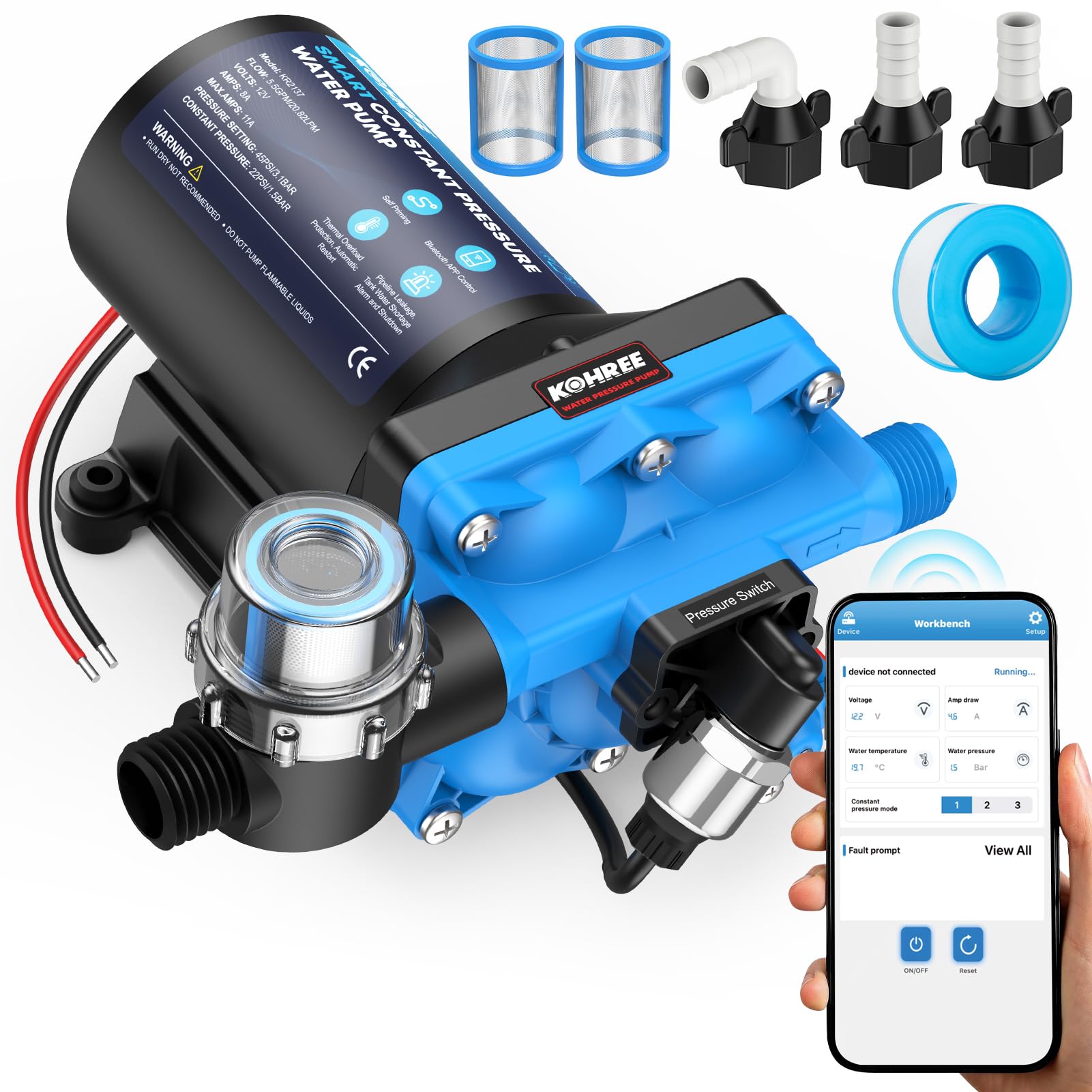 Photo 1 of Kohree Smart RV Water Pump 12V DC, 5.5 GPM Variable Speed Constant Water Pressure Pump with Bluetooth APP Control & Real-time Display, 4-Chamber Diaphragm Pump with Run-Dry Protection for RV, Marine