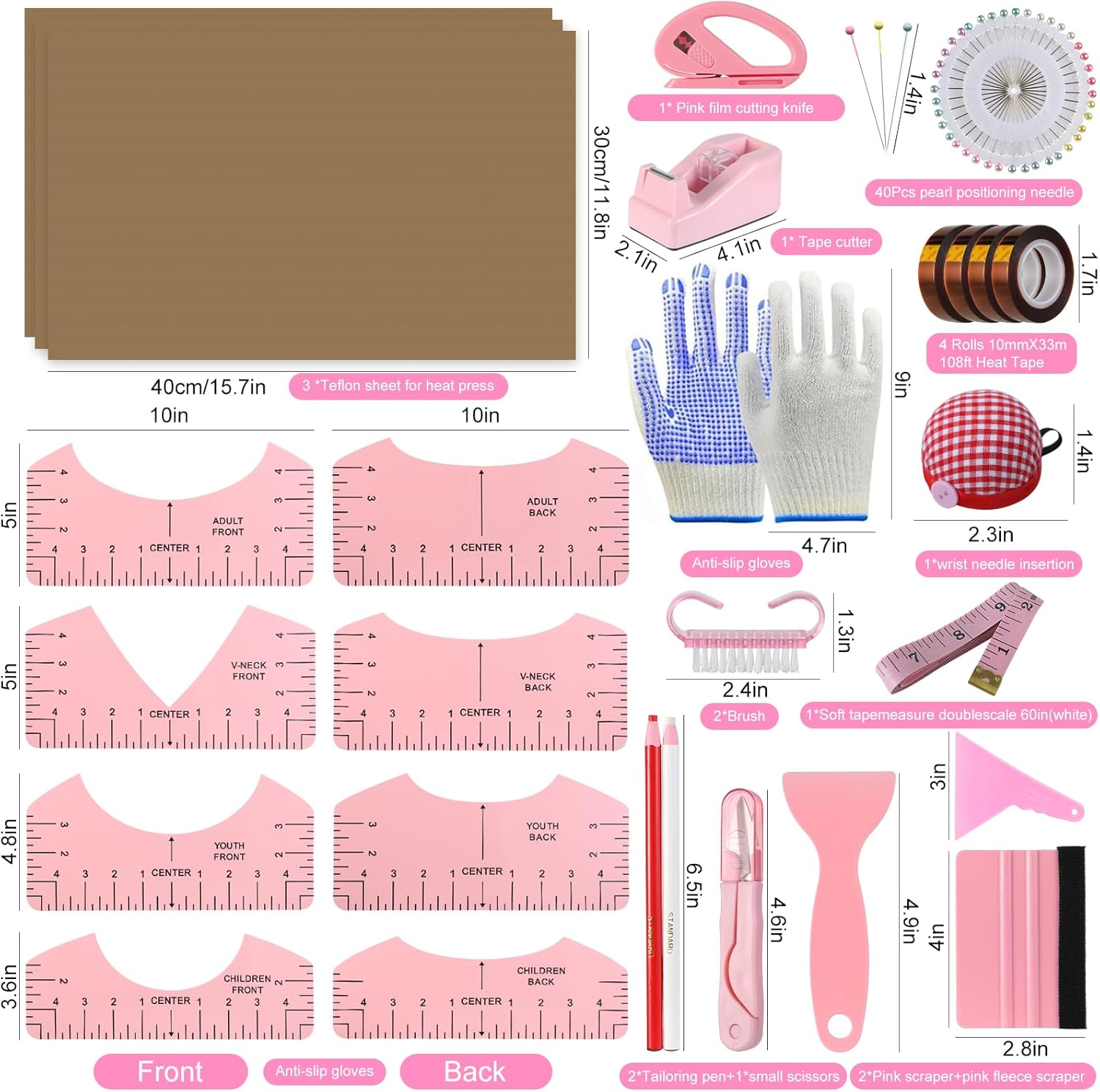 XEUZK Sublimation Shirts Tool Pink Kit With 8T Shirt rulers, 3Pack Teflon Sheet for Heat Press 12 x 16in, Heat Resistant Gloves & Silicone Bumps, 4Rolls Heat Resistant Tape& Tape Dispenser Sublimation - Image 2