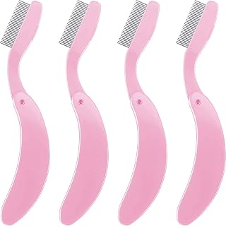 TecUnite 4-Pack Folding Eyelash Combs - Stainless Steel Teeth Lash Separator & Brow Grooming Tool, Pink Portable Makeup Brush