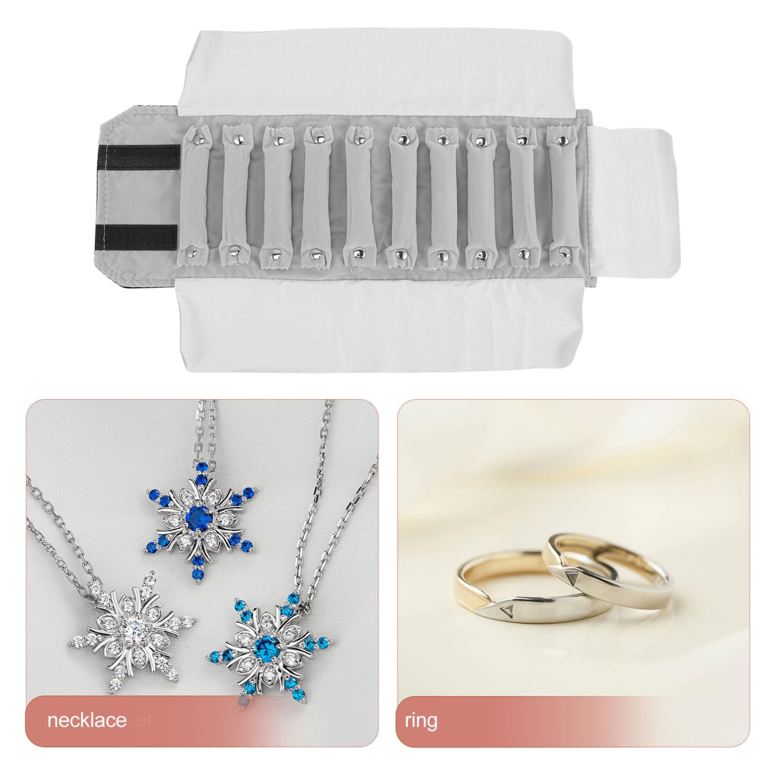 Bolsa Enrollable Fácil de Abrir y Cerrar Soporte para Anillos para Organizar Joyas en Velour Blanco Adecuado para Uso y Viajes