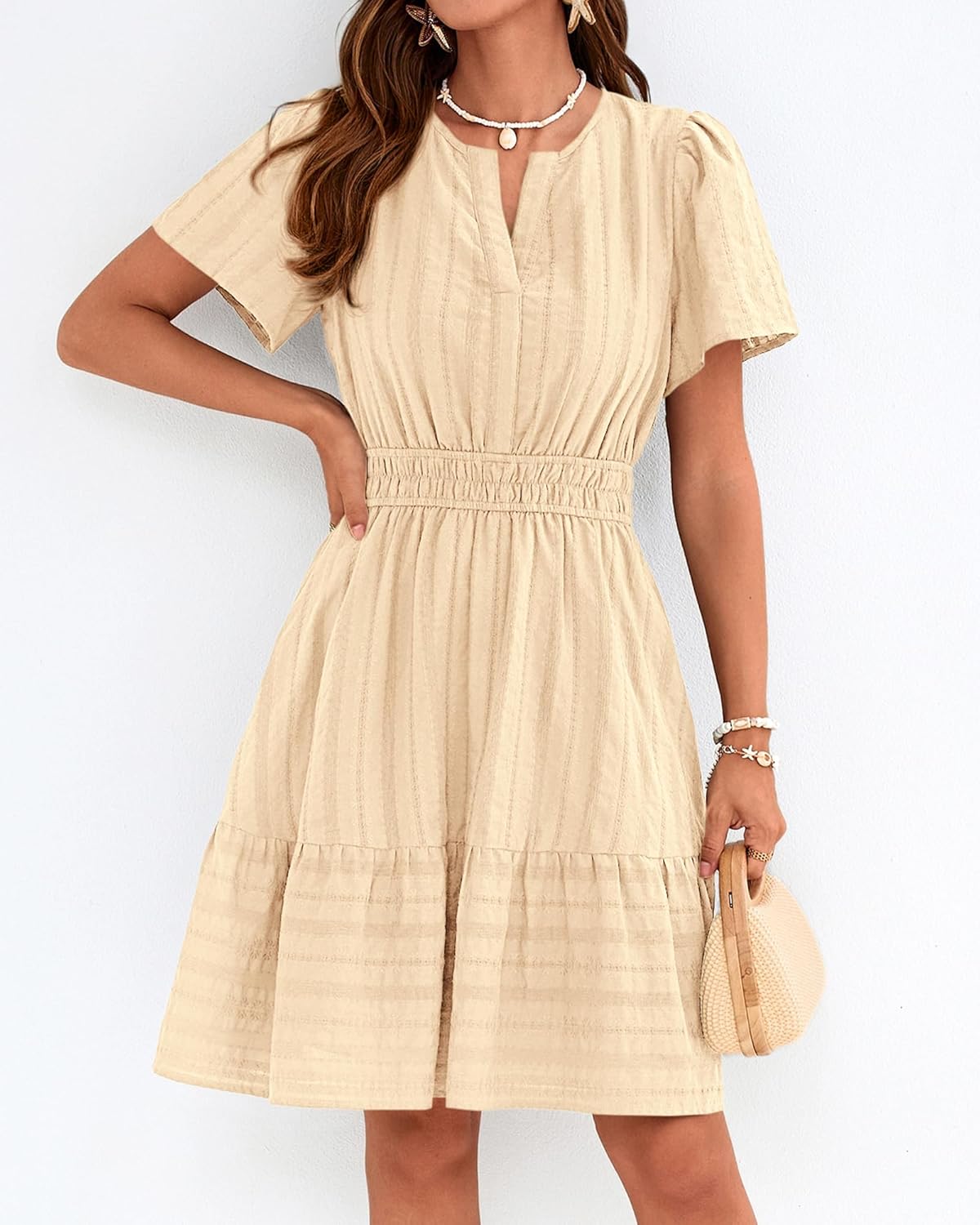 BTFBM Womens Spring 2026 Casual Mini Dresses Lightweight Short Sleeve V Neck Elastic Waist Cute Boho Beach Dress Pockets - Image 5