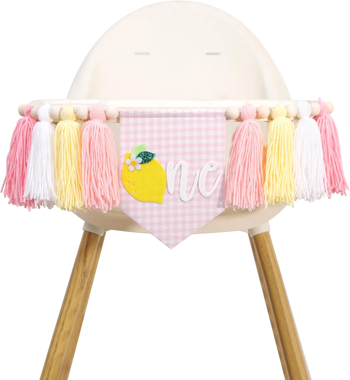 Lemon First Birthday High Chair Banner - Pink Gingham One highchair Banner with Yarn Tassels for Baby Girl 1st Birthday Decorations, Lemon Sweet One Theme Party Decor - Image 4