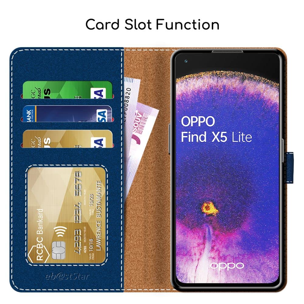 EbestStar Custodia Portafoglio Per Oppo Find X5 Lite Con Pelle PU Blu Scuro/Rosso + Vetro Temperato