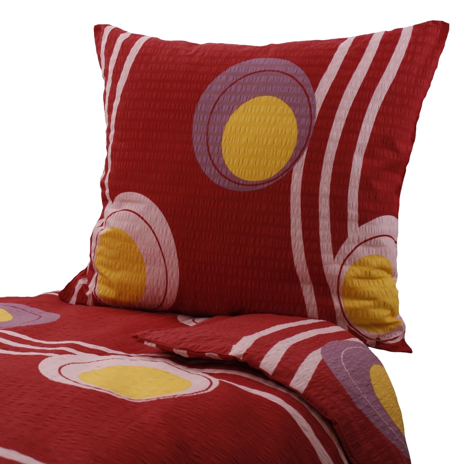 Hans-Textil-Shop Seersucker Kinderbettwäsche Baumwolle - Bügelfrei, Bettwäsche, Kinder, Baby, Mädchen, Jungen, Kinderbett, Babybett (Punkte Streifen Rot Gelb, 135x200 + 80x80 cm)
