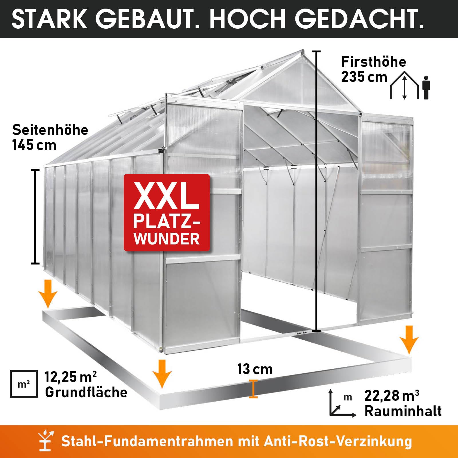 BRAST Gewächshaus Aluminium mit Fundament | 42 Modelle | 130x190x195cm - 490x250x235cm | TÜV geprüft | 6mm Hohlkammerplatten | rostfrei wetterfest temperaturbeständig | 490x250x235cm Silber