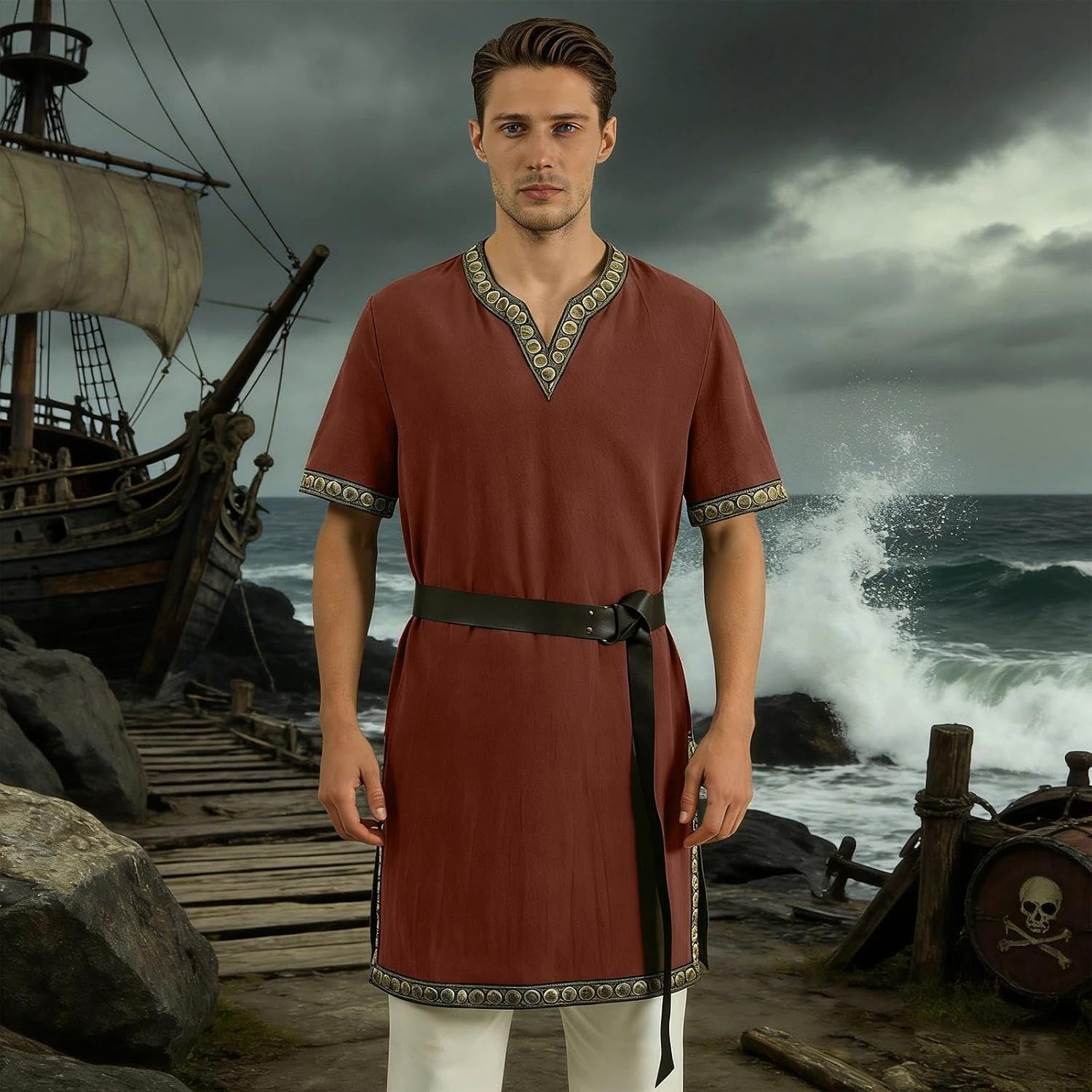 Mens Medieval Costume Renaissance Knight Tunic Viking Pirate Shirts Mercenary Scottish Warrior LARP Tops
