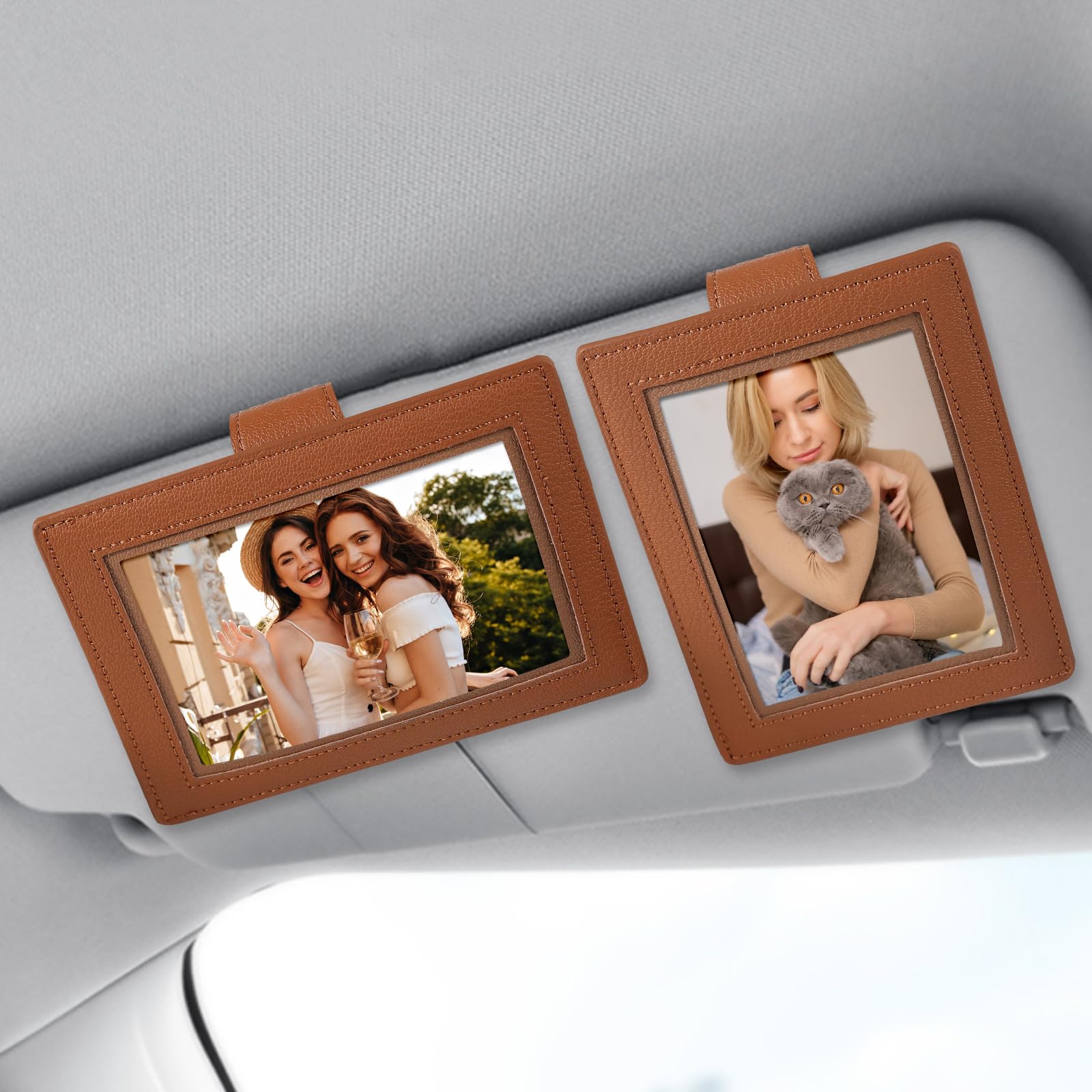 KEVANCHO 2 PCS Personalized Car Visor Picture Frame 4x6, Leather Car Photo Holder with Detachable Visor Clip, Magnetic Picture Frame for Refrigerator,