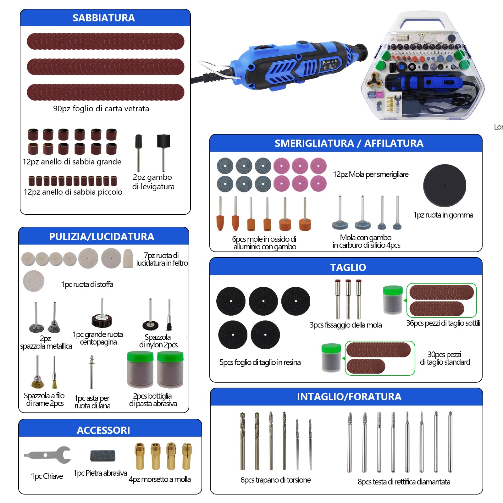 Strumento Multifunzione,252pz Accessori Trapano, 135W Mini Utensili Rotanti Multiuso Kit, 6 Velocità Regolabili 10000-32000 RPM,Utensile Rotante Multifunzione Per Taglio, Lucidatura e Fai da te